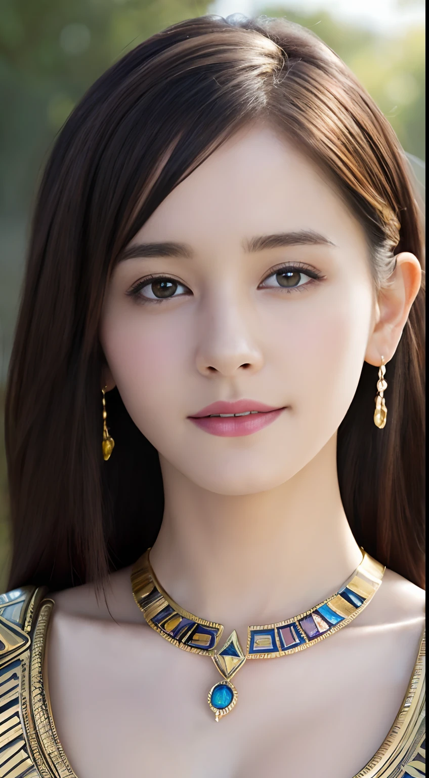 (A hyper-realistic), (hight resolution), (8K), (ighly detailed), (beatiful detailed eyes), (top-quality), (ultra-detailliert), (masterpiece), (A detailed face), softfocus、face of emma watson、Colossal tits、japanes、Egypt、In front of the Sphinx、Cosplay of Cleopatra、A smile、