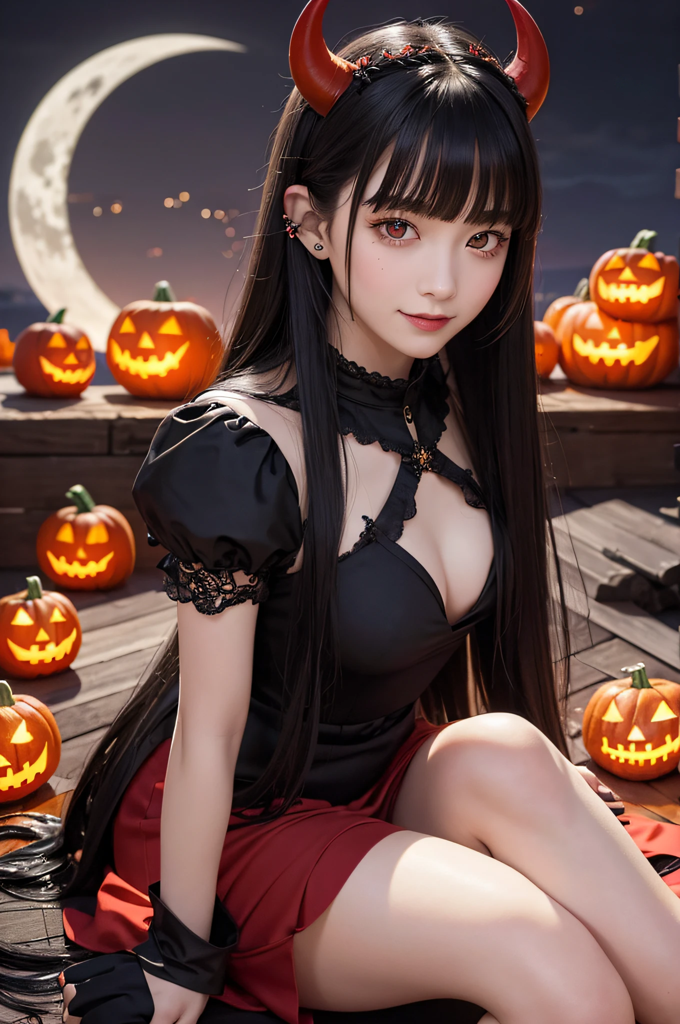 ​masterpiece、top-quality、ultra-detailliert、Halloween, pumpkins, Long Black Hair, Red Eyes, Smile, Blunt bangs, Ahoge, Night, Pointed ears, Little Devil Horned Head, Moon, Vampire