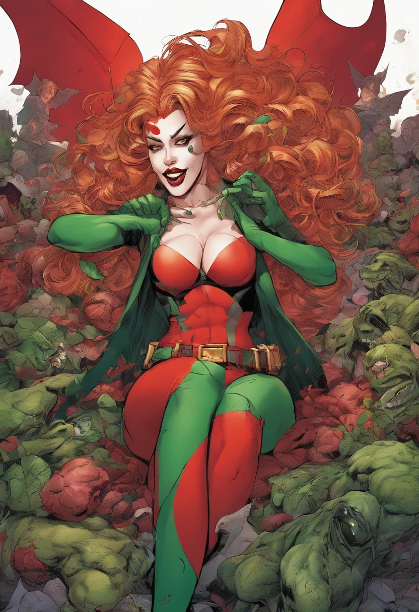 (best quality,4k,8k,highres,masterpiece:1.2),ultra-detailed,(realistic,photorealistic,photo-realistic:1.37),Harley Quinn and Poison Ivy,DC Comics,embrace in a sexy way,s,blood dripping from both their hands,sexy poses,blood-soaked bodies,seductive,mesmerizing,bloody embrace,powerful femmes fatales,intense expressions,dark atmosphere,dramatic lighting,red and green color palette,contrasting highlights and shadows,illustration style. Batman is dead and mounted on the wall.