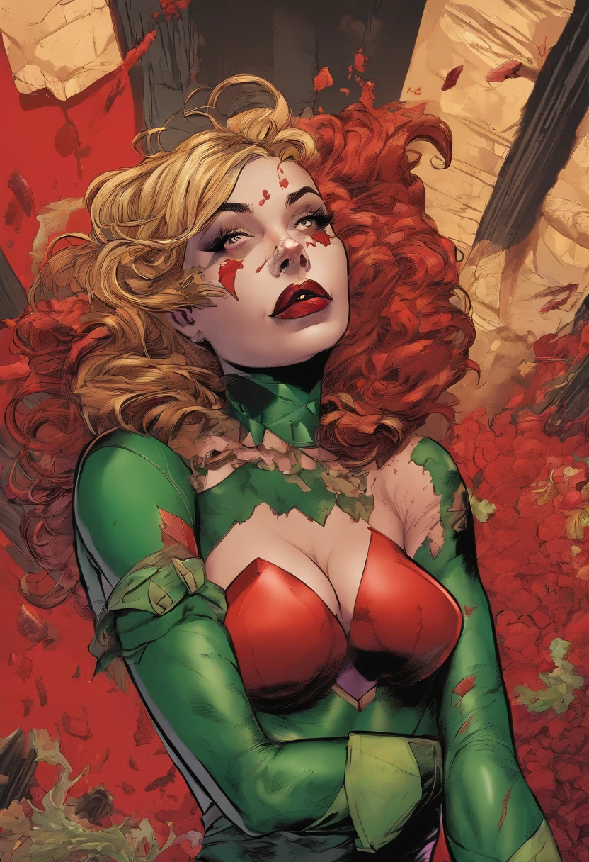 (best quality,4k,8k,highres,masterpiece:1.2),ultra-detailed,(realistic,photorealistic,photo-realistic:1.37),Harley Quinn and Poison Ivy,DC Comics,embrace in a sexy way,s,blood dripping from both their hands,sexy poses,blood-soaked bodies,seductive,mesmerizing,bloody embrace,powerful femmes fatales,intense expressions,dark atmosphere,dramatic lighting,red and green color palette,contrasting highlights and shadows,illustration style. Batman is dead and mounted on the wall.
