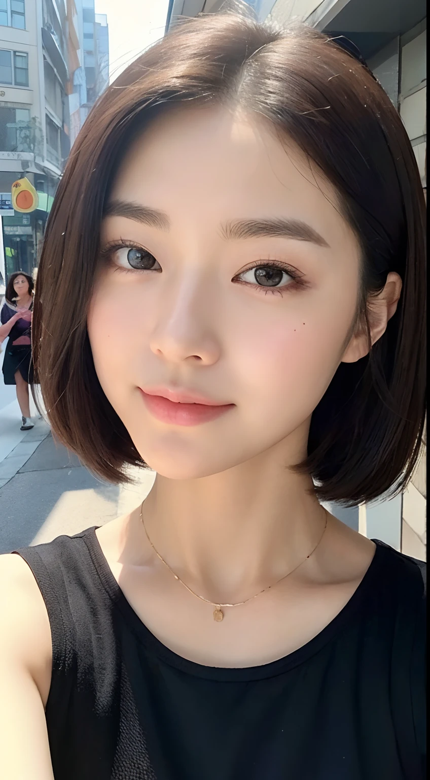 （（best qualtiy，8K，tmasterpiece：1.3）），Perfect beauty：1.4，glute：1.2，（Layered Hair Style：1.2）），（the street：1.3），Highly Detailed Face and Skin Textur，full bodyesbian，Elaborate Eyes，二重まぶた，Whitens the skin，Short wave hair，Cute Korean beauty（with a round face：1.5），（Black top，short  skirt：1.6）ssmile