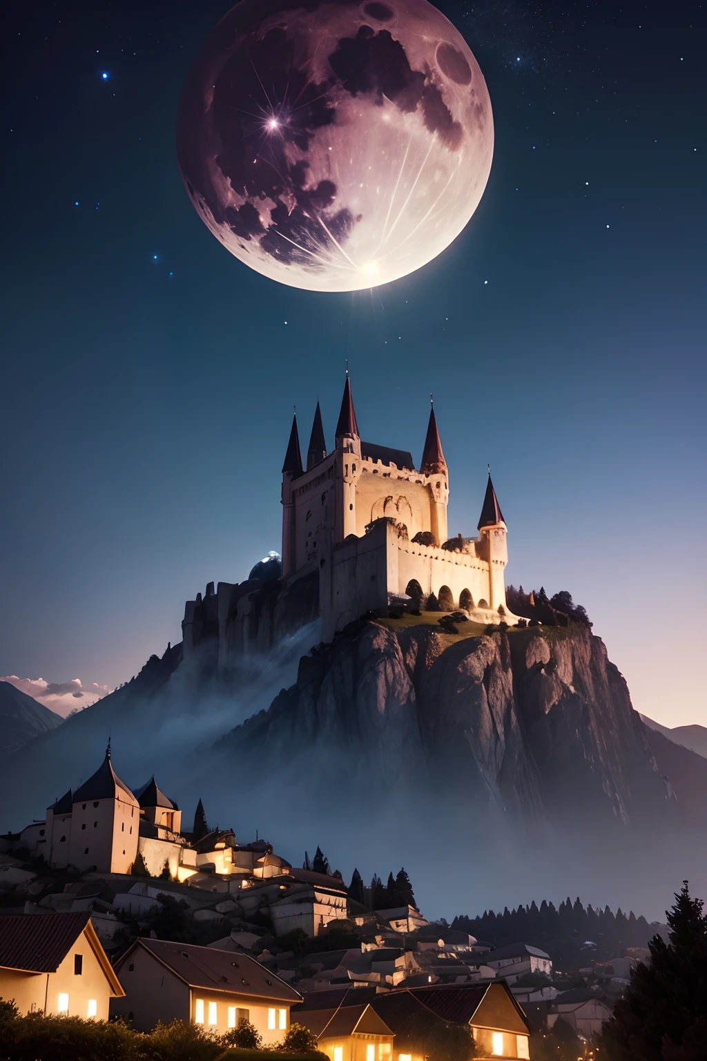 A backdrop of mountains with a giant full moon in the sky, de noite, com castelos medievais ao fundo