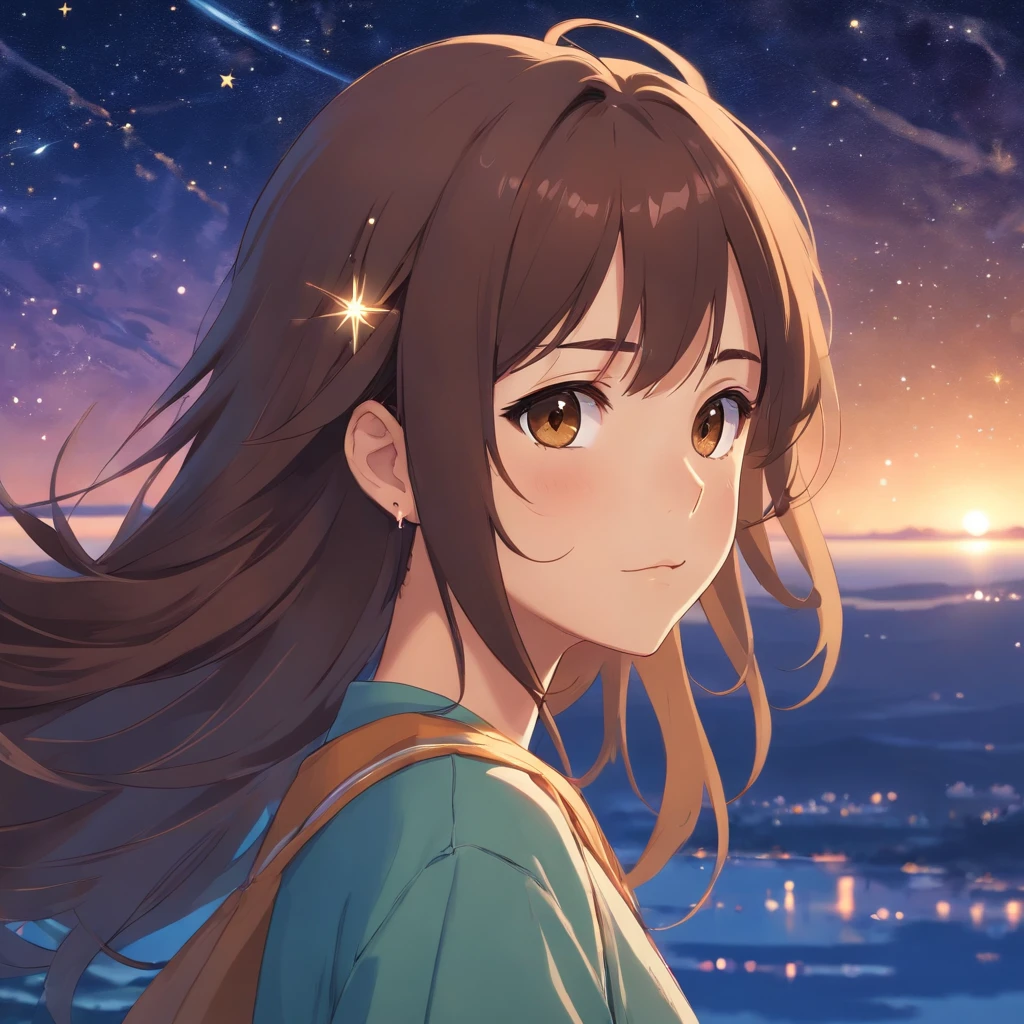 long brown hair, brown eyes, tan skin, starry sky, ear piercings, korean style