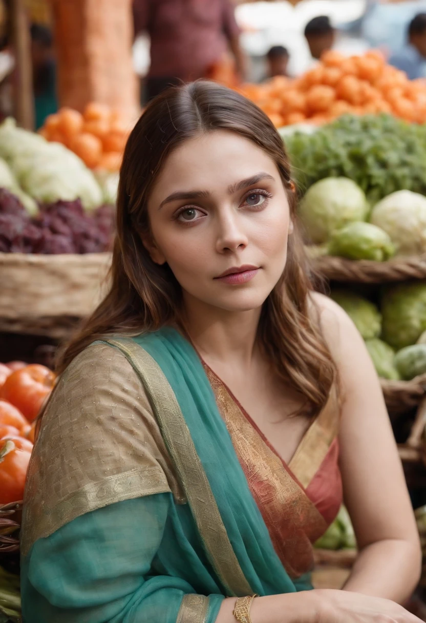 Masterpiece, highres, 8k,Elizabeth Olsen in simple Indian saree,in local market, buying vegetables, cinematic light, ultra skin texture.