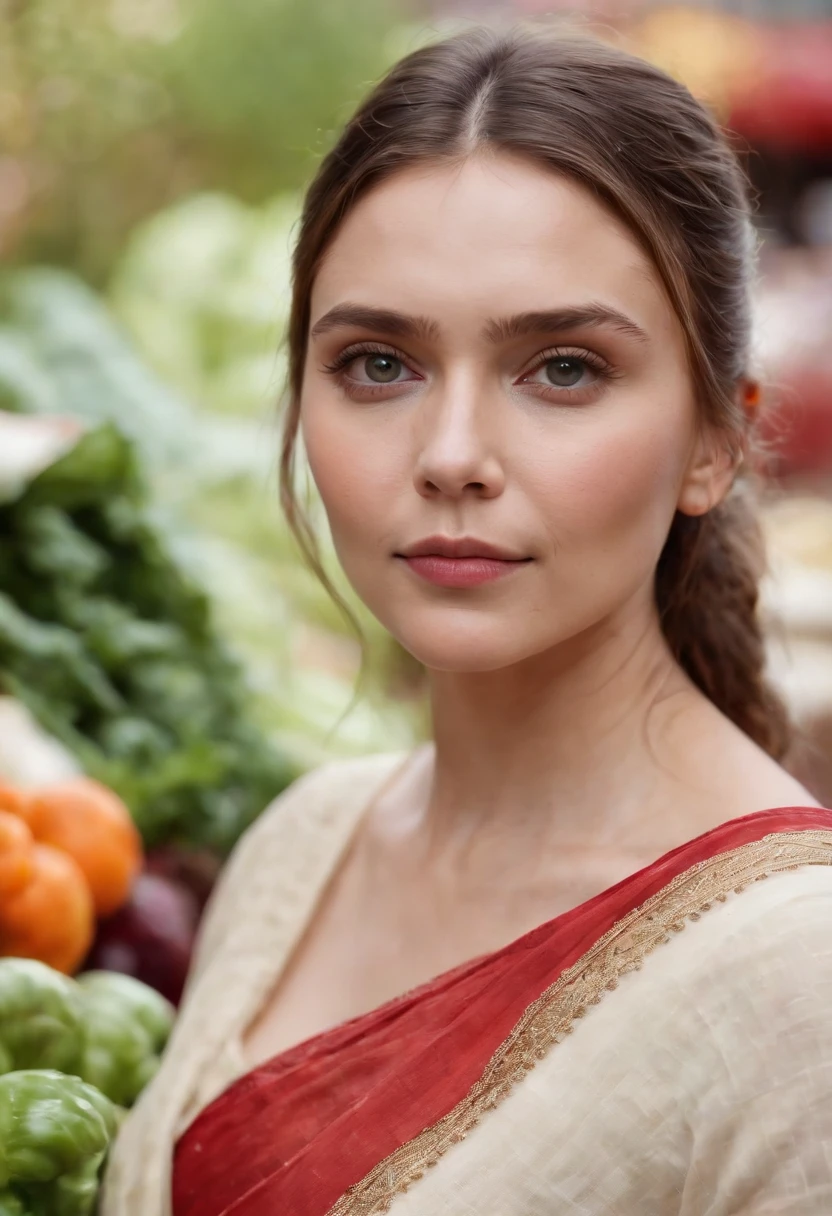 Masterpiece, highres, 8k,Elizabeth Olsen in simple Indian saree,in local market, buying vegetables, cinematic light, ultra skin texture.