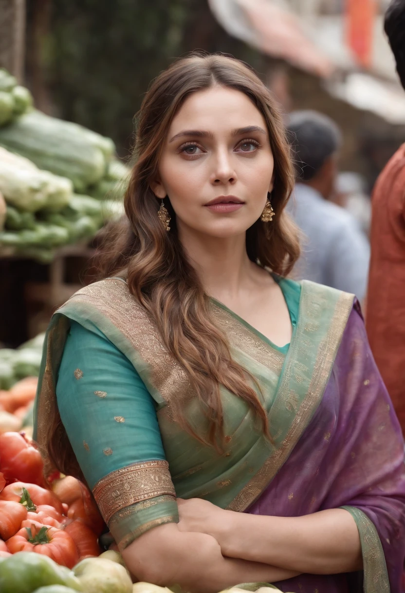 Masterpiece, highres, 8k,Elizabeth Olsen in simple Indian saree,in local market, buying vegetables, cinematic light, ultra skin texture.