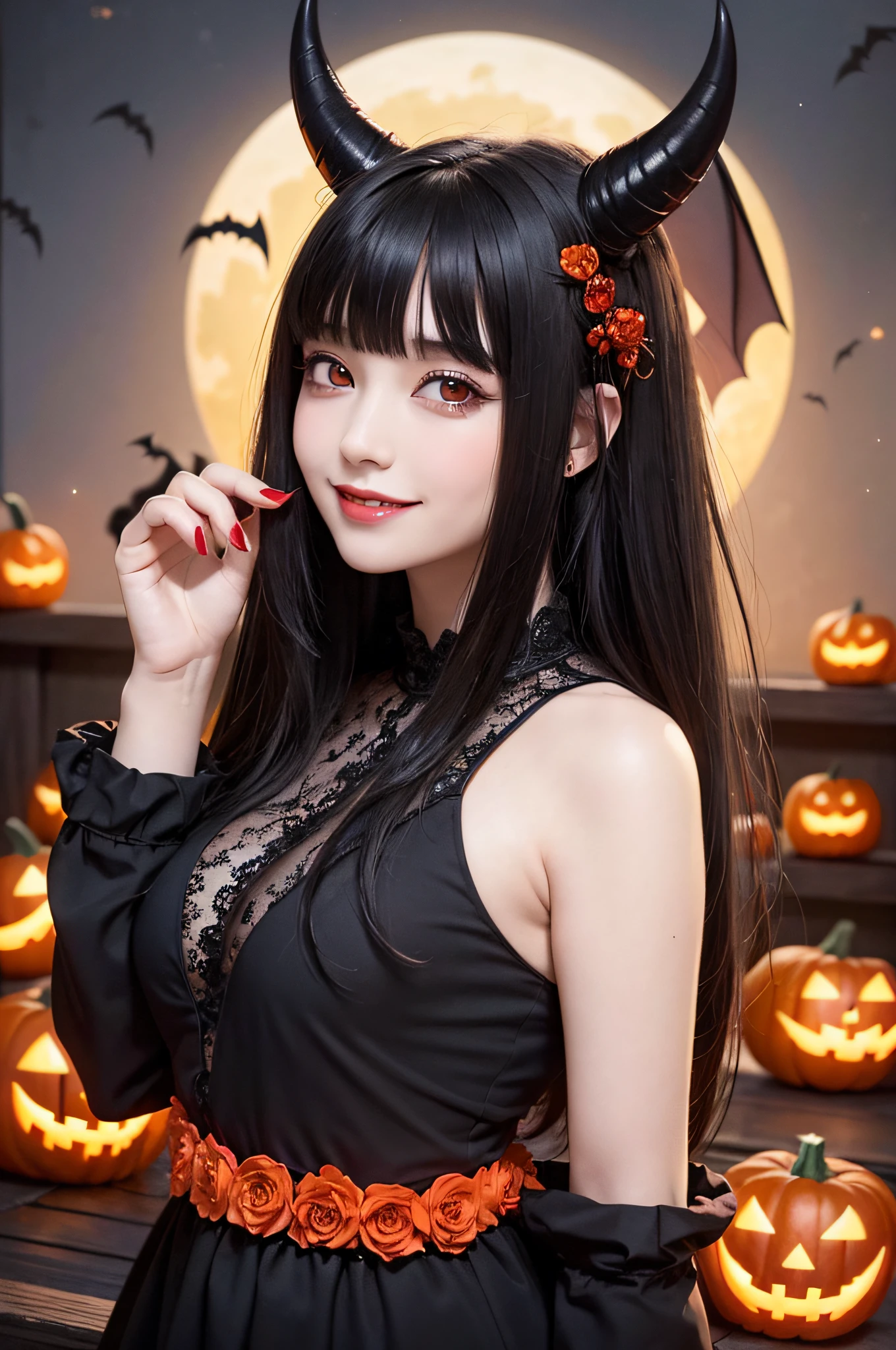 masterpiece、top-quality、ultra-detailliert、Halloween, pumpkins, Long Black Hair, Red Eyes, Smile, Blunt bangs, Ahoge, Night, Pointed ears, Little Devil Horned Head, Moon, Vampire