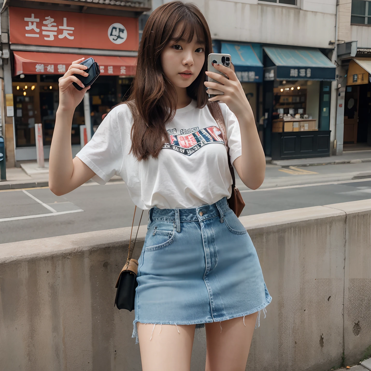 Beautiful woman, Playing with your phone in the middle of the street, Short clothes