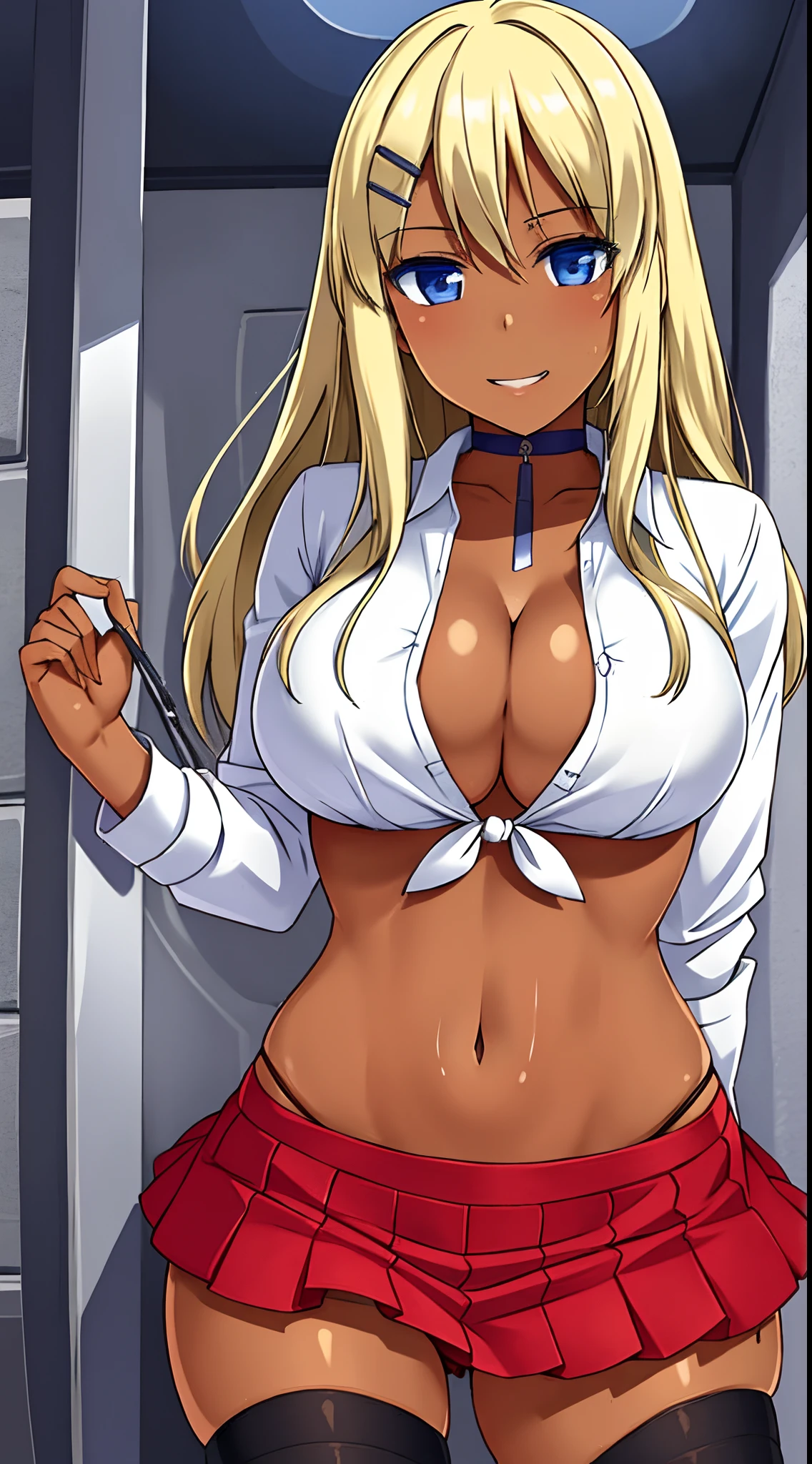 masterpiece, best quality, detailed face, detailed eyes, blonde hair, long hair, hairclip, dark skin, blue eyes, choker, tied shirt, midriff, cleavage, miniskirt, thighhighs, cowboy shot,