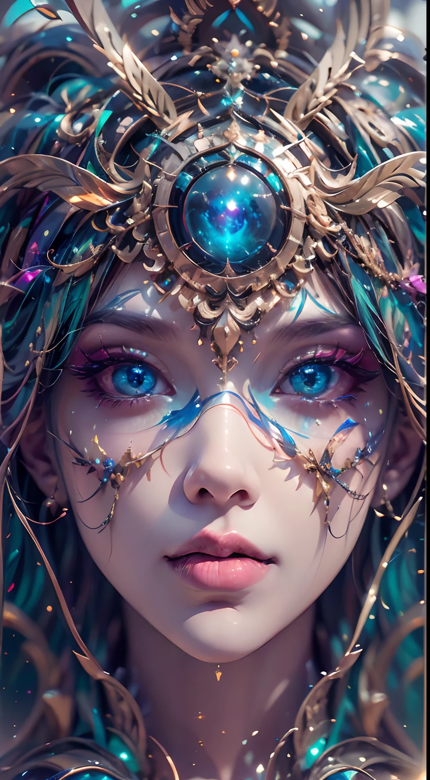 （melhor qualidade，Ultra - Detalhado，best illustration，Melhor sombra，tmasterpiece，A high resolution，ProfissionalArtwork，obras de arte famosas），Blue sky image style，Olhos detalhados，Olhos belos，clivagem em close-up，scientific fiction，esclera colorida，robot eyes，marcas faciais，Tatuado com，（fractalizado，olhos fractais），olhos grandes，olhos arregalados，（foco ocular），Foco Sface，Cosmic eyes，Olhos espaciais，Close-up da escultura de metal de uma mulher com uma lua em seu cabelo，deusas。Detalhe extremamente alto，Retrato da deusa 3D，Imagens extremamente detalhadas da deusa，Um retrato impressionante de uma deusa，Retrato em close-up de corpo inteiro da deusa，hecate goddess，portrait of a norse moon goddess，goddess of space and time，Pureerosface_v1，ULZZANG-6500-V1.1，