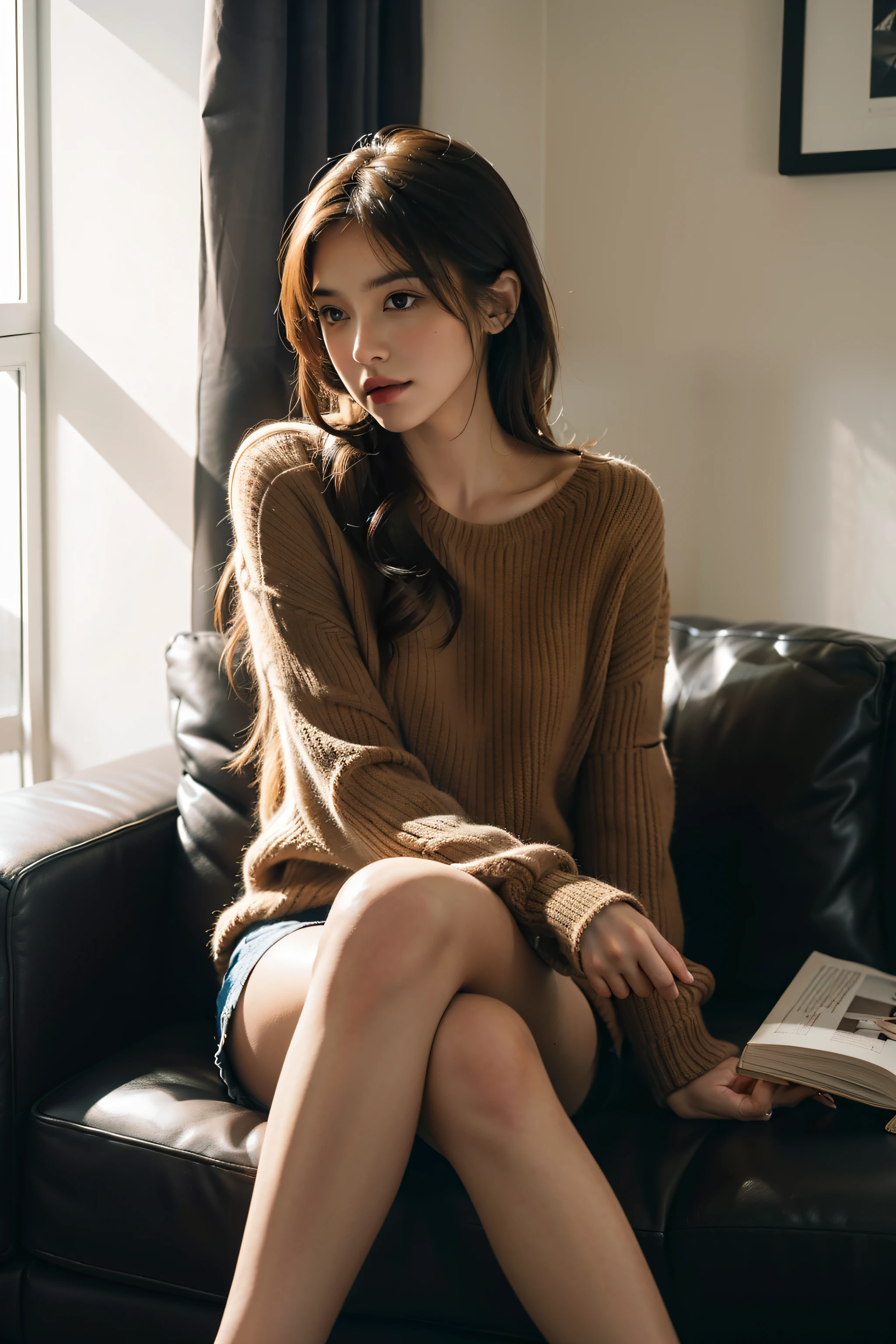 1girl,sitting on a cozy couch,crossing legs,soft light