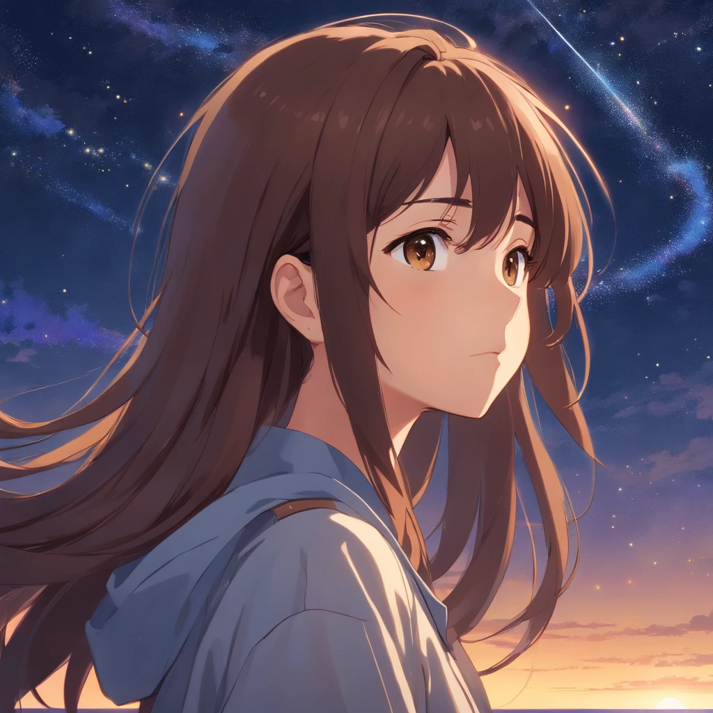 long brown hair, brown eyes, brown skin, starry sky, ear piercings, korean style
