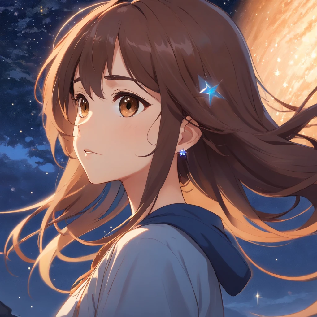 long brown hair, brown eyes, brown skin, starry sky, ear piercings, korean style