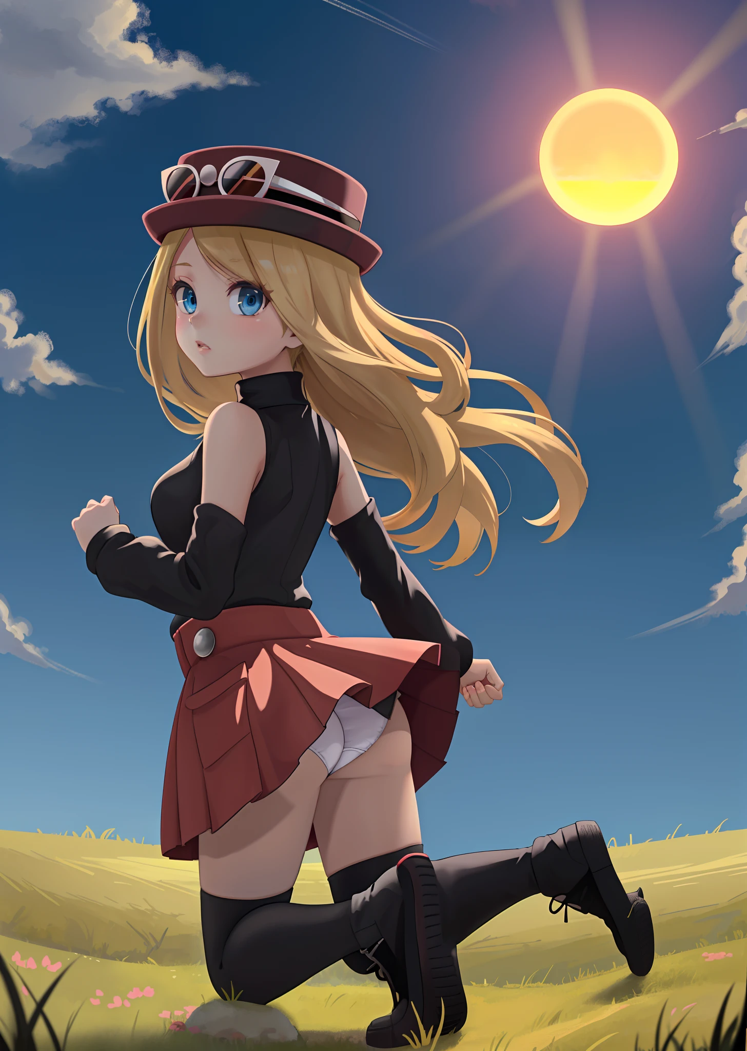 [Serena_(Pokemon)], [Uploaded to rule34.xxx; (kingmaster), (shosho_oekaki), (nekololisama)], ((masterpiece)), ((HD)), ((detailed shading)), ((1girl)), ((solo portrait)), ((full body)), ((back view)), ((cute anime girl)), {(long dirty blonde hair), (cute blue eyes), (gorgeous hips), (beautiful legs), (beautiful lips), (expressionless)}, {(black turtleneck sweater), (sleeveless), (short red skirt), (black opaque thigh-high socks), (black converse sneakers), (pink hat on head), (sunglasses on hat), (upskirt white panties)}, {(on knees), (arms at side), (looking back)}, [background; (grass plains), (blue cloudy sky), (sun rays)]