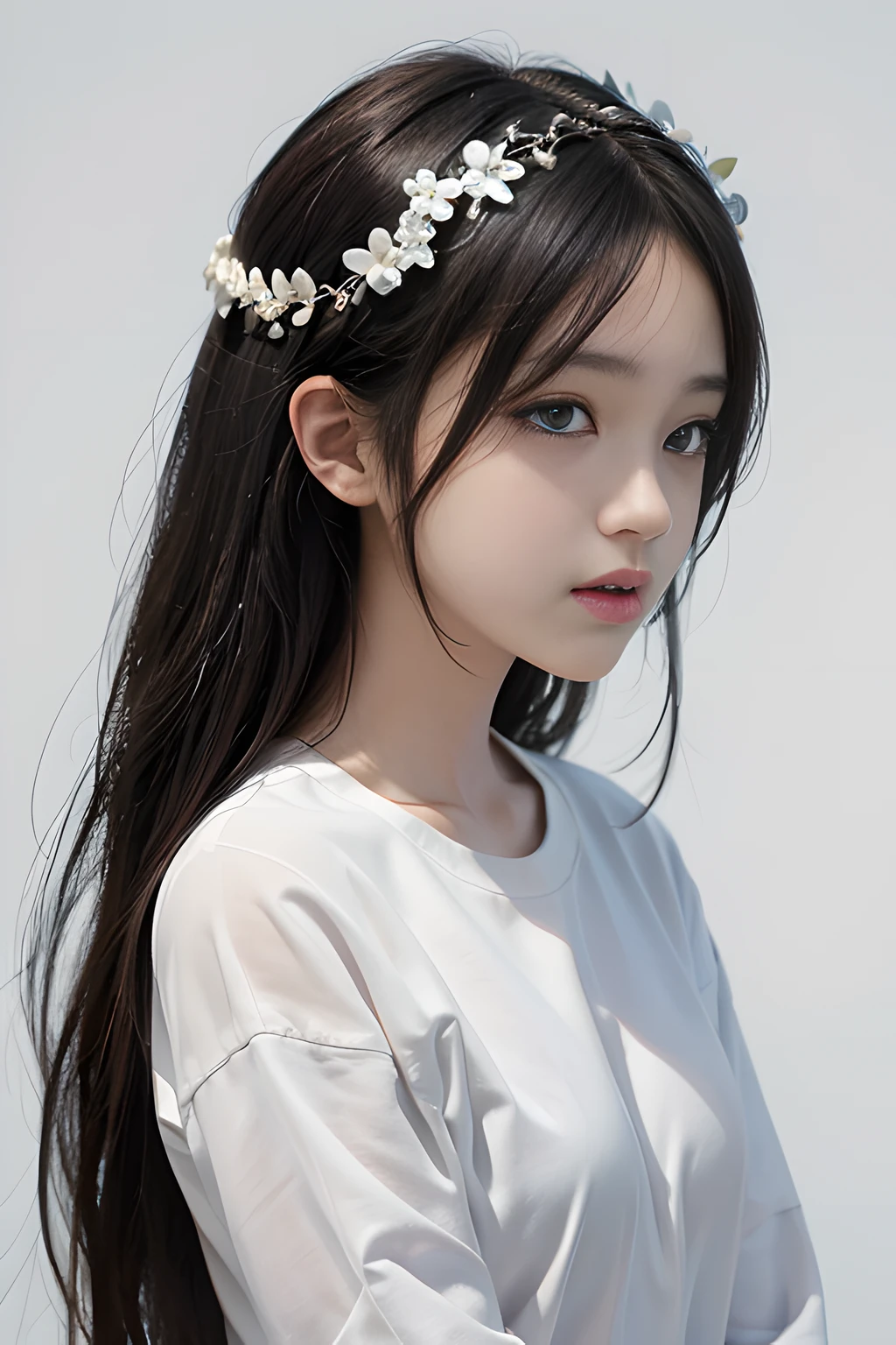 un primer plano de una mujer con cabello largo y negro y de ojos azul oscuro con un vestido blanco, en el estilo artístico de bowater, estilo de charlie bowater, rossdraws 1. 0, in estilo de charlie bowater, neoartcore y charlie bowater, rossdibuja 2. 0, rossdibuja 2. 5, obra de arte al estilo de guweiz, Ross dibuja un retrato , jisoo from blackpink, popular south korean makeup, quality detailed ,(beautiful makeup :1.2), Wide hips, big, big ass, (best quality, 8K, masterpiece: 1.3), Clear focus: 1.2, Perfect body beauty: 1.4, strong abs, Very detailed face and skin texture. , detailed eyes, double eyelids, (long hair), having very marked curves, with greater volume in ((hips and breasts)), which makes the waist look much smaller ((wasp waist)).(obra maestra, calidad superior, mejor calidad, arte oficial, profundidad de campo, Belleza y Estética: 1.2), renderizado pináculo, Representación realista, (1 chica)