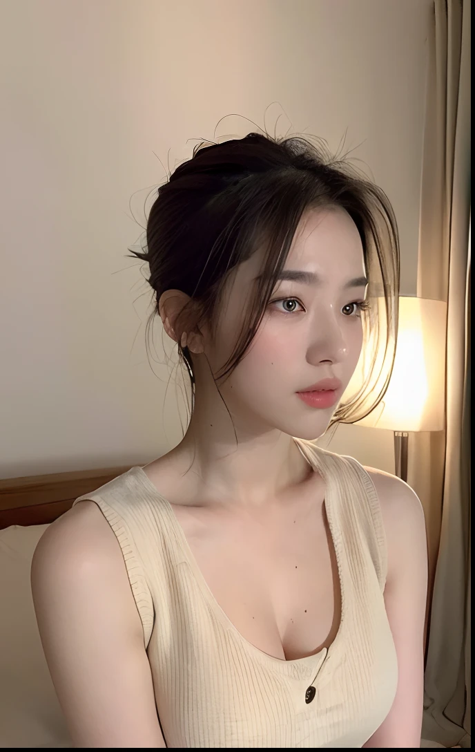 ((Top quality, 8k, Masterpiece: 1.3)), beauty, hidden face, 1 girl, beauty: 1.3, slender abs: 1.1, camisole vest, random hairstyle, (sitting on bed), ultra-detailed face, highly detailed lips, detailed eyes, double eyelids, exposed cleavage,