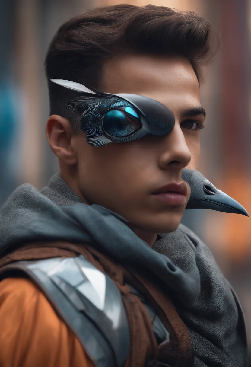 BOY With Futuristic background realistic face 8k ultra high quality hd , realistic pigeon on his shoulder
