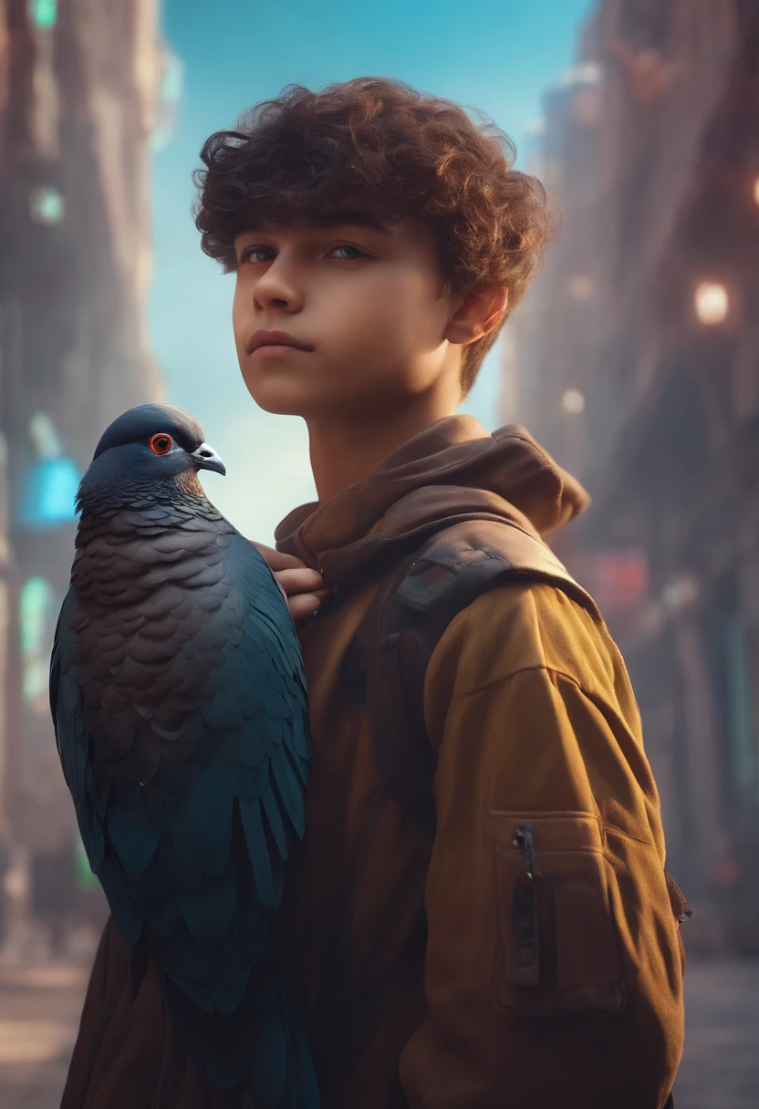 BOY With Futuristic background realistic face 8k ultra high quality hd , realistic pigeon on his shoulder