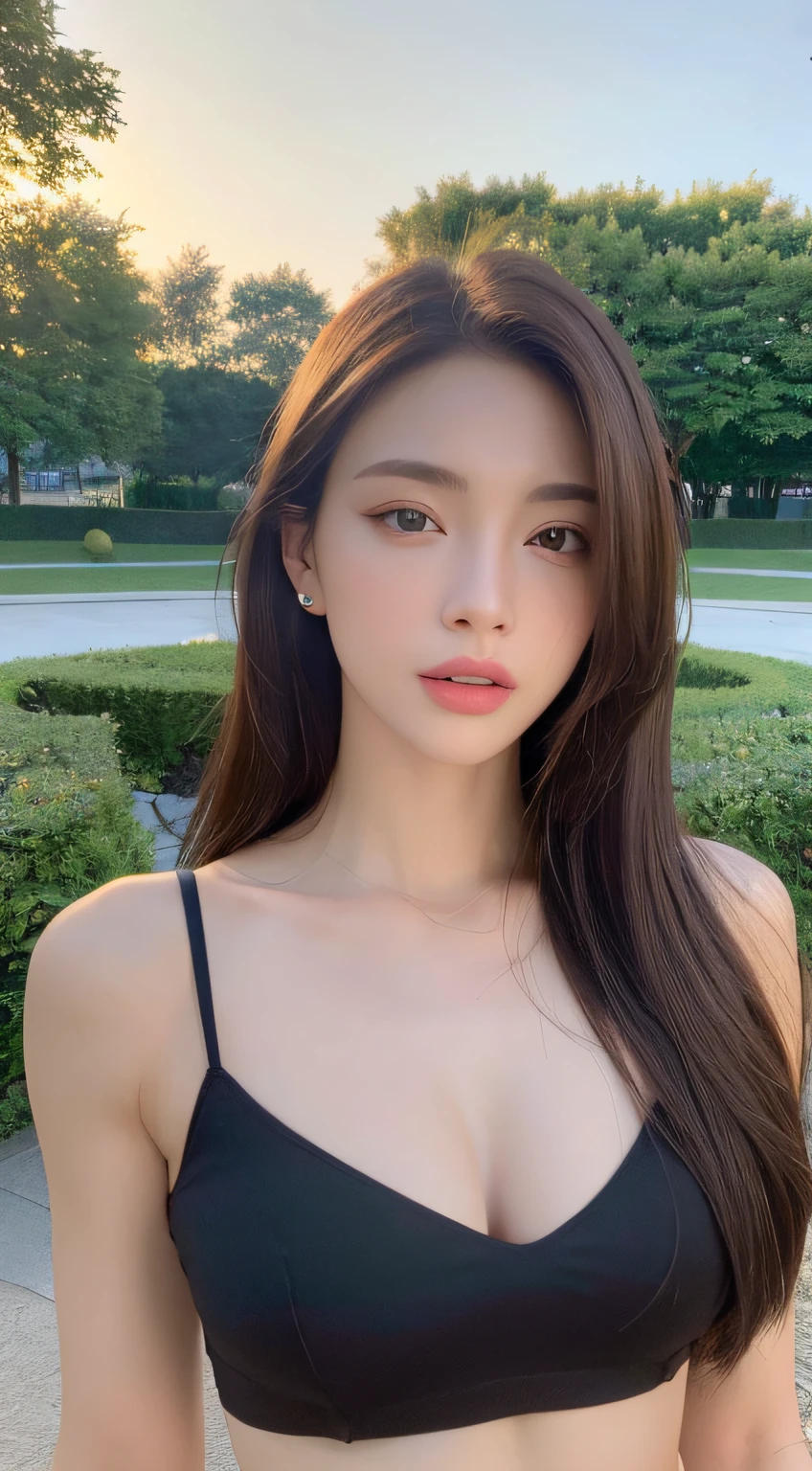 ((Realistic lighting, Best quality, 8K, Masterpiece: 1.3)), Clear focus: 1.2, 1girl, Perfect beauty: 1.4, Slim abs: 1.1, ((Dark brown hair)), (White crop top: 1.4), (Outdoor, Night: 1.1), Park view, Super fine face, Fine eyes, Double eyelids,