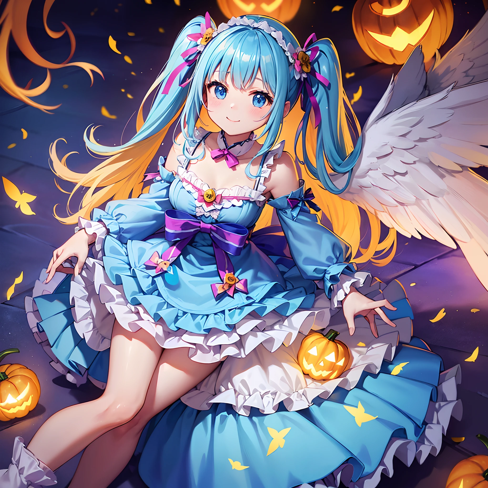 Angel wings shining in seven colors、1 kawaii girl、adorable smiling、Twin tails with long light blue hair、Colorful angel costume in lolita style with ruffles、A blizzard of fluttering flowers(Some photos)、Surrounded by Halloween pumpkin lanterns。((top-quality))、((​masterpiece))、(ighly detailed、highestdetailed、Official art、Beautifully Aesthetic:1.2)
