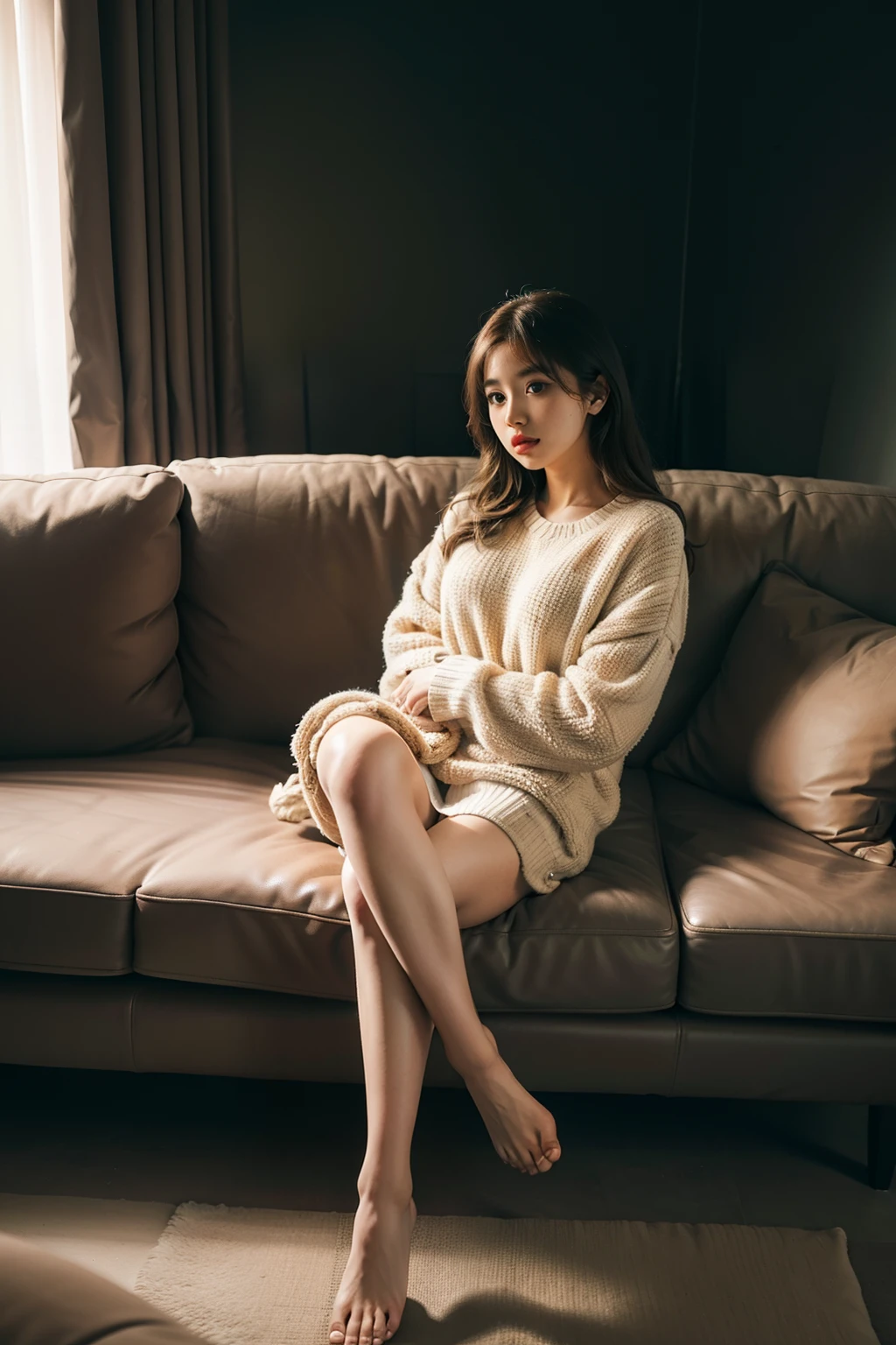 pokimane, @reptilebear, 1girl in,Sitting on a cozy sofa,cross one's legs,Soft light