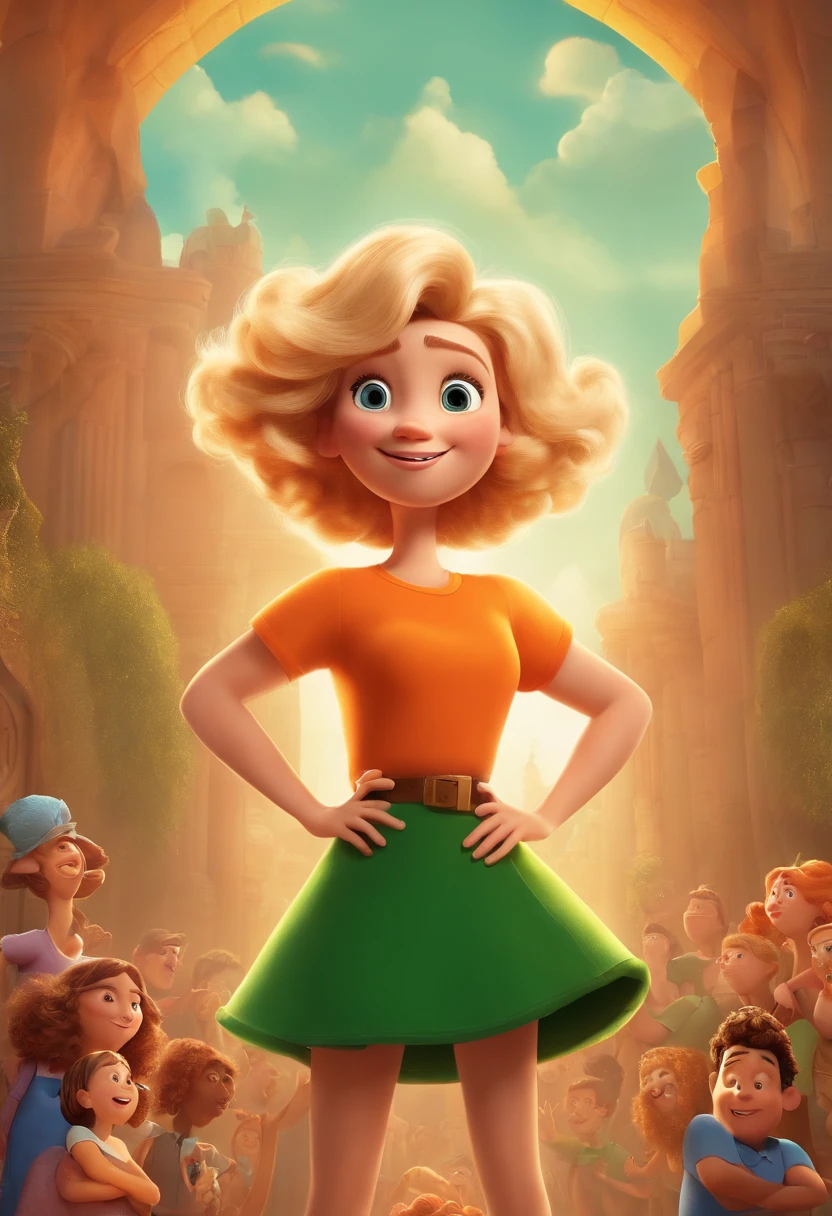 Create a Pixar-style poster. In the center of the poster, there is a blonde woman, with curly hair, an orange t-shirt and a green skirt, a childlike face, doing different poses.