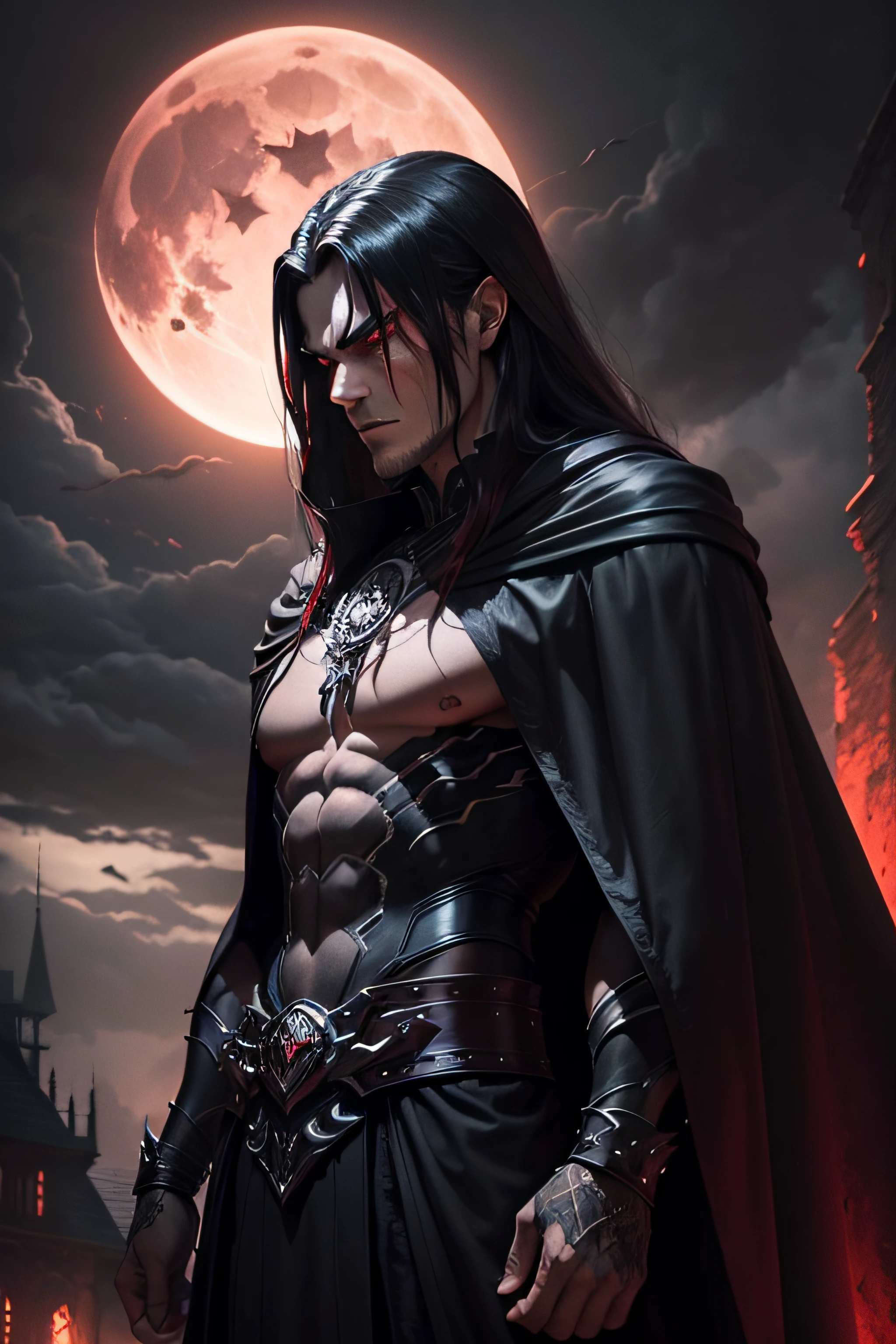 a dark muscular male evil lord, long flowing black hair, black and red cloak, piercing red eyes, menacing expression, powerful aura, standing in a dimly lit chamber,, casting eerie shadows, , adorned with intricate details, with a sinister grin, exuding an aura of darkness, with an intimidating presence, in a gothic castle, with imposing architecture, shrouded in mist, under a blood-red moon, with a storm brewing in the background, creating a foreboding atmosphere, reminiscent of a dark fantasy novel cover, with a dramatic lighting, emphasizing the contrast between light and shadow, evoking a sense of mystery and danger, with a touch of supernatural elements and captivating artistry."