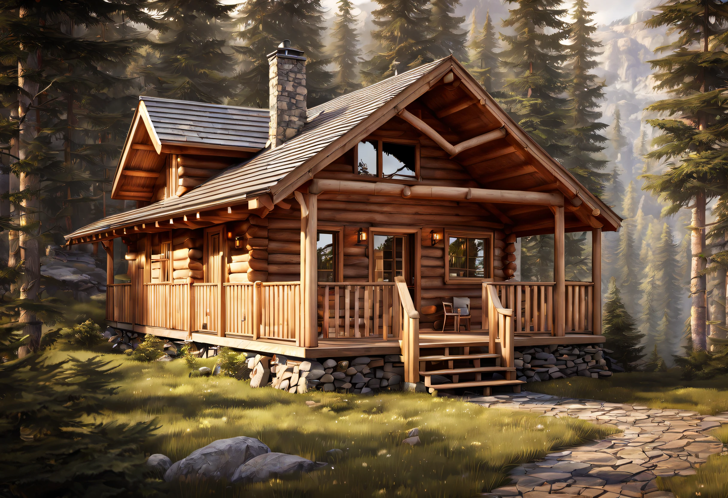 (best quality, 4k, 8k, high resolution, masterpiece: 1.2), ultra detailed, (realistic, photorealistic, photorealistic: 1.37), small wooden cabin with porch in the mountain, very quiet area, full floor, masterpiece of art, well designed modern rustic masterpiece, image from outside, exquisite masterpiece, distant shot from the front, bottom angle