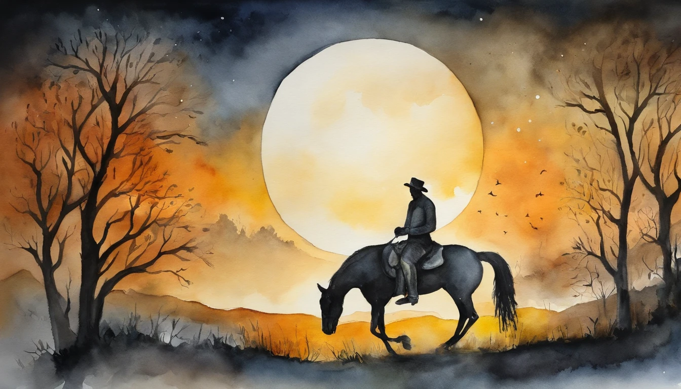 There is a man on a horse in front of a full moon, em volta lobos numa noite obscura
