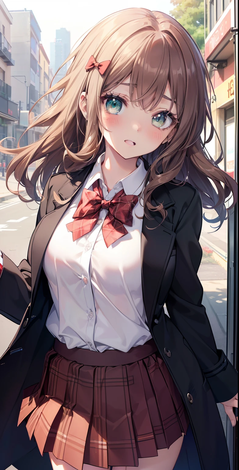 ((Tabletop, Highest quality, High resolution, Hmph, Pixel perfect, Depth of written boundary, 4K, Hmph, Hmph))), One Girl, single, alone, Beautiful Anime Girls, Beautiful art style, Anime characters, ((Long Hair, bangs, Dark brown hair, Curly Hair:0.8)), ((Green Eyes:1.4, Fine grain, Beautiful Eyes, Perfect Eyes,Curled lashes, Realistic eyes)), ((Detailed face, Blushing:1.2)), ((Smooth texture:0.75, Realistic texture:0.5, Anime CG Style)), Medium chest, Dynamic Angle, Big Breasts, Perfect body, Dynamic pose, ((Red bow tie, , Black jacket, Open jacket, Brown cardigan, White shirt, Black Skirt, Checked skirt)), smile, Open your mouth, Put your arms behind your back, Leaning forward, Amalment Park, ((close, throw, cute, Shoot in the face))