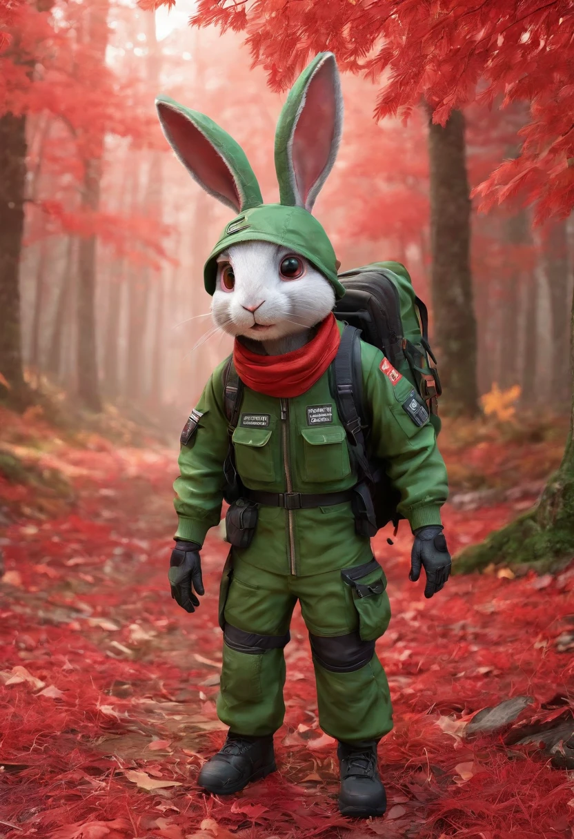 3D rendering of (A rabbit with glasses and a hat stands on the path between the autumn leaves), hairy, Green bright rabbit, (Binoculars hanging from your chest:1.37), Green fashion adventure clothing,green shorts, Wear red hiking boots on your feet,, cute ears, (Red and green berets:1.34),Red and green camping hats, (Carry a green backpack with you), (trowels), (camping equipment, )Related to many adventurous tools,(compass:1.37),
Curious to explore expressions, Cartoon, 4D, Fox,
Background: Autumn Leaf Forest Trail Red Forest, autumn forest, red illuminating fog, In a red dream, really beautiful forest, Beautiful forest, Beautiful hazy wood, Red shade spray, Breathable and beautiful trees, breath-taking beautiful trees, red fog, beautiful forests and trees, Bright but dark red, red trees,{{Masterpiece}},{{{Best quality}}},{{Ultra-detailed}}, {{{illustration}}},{{Disheveled hair}},concept art of character,Game scene graph,Clear facial features,close up photograph,Photography,postapocalyptic,Masterpiece,archviz/building rendering,Quixel Megascans Render,corona rendered,rendering by octane,v-ray,High detail,hyper qualit,high resolution,trending on artstationh,hyper photorealism,surrealism,HD,8K tilt shift,Long shot,Split Lighting,