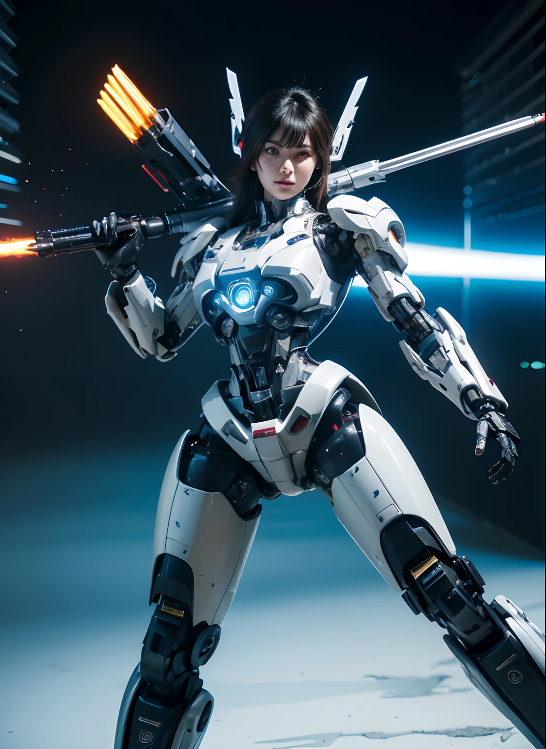 ((Masterpiece, Best Quality)), illustration, ultra-detailed 8K, realistic, clear focus, highly detailed, professional lighting, colorful details, rainbow colors BREAK factory super long shot, (1 large mechanical robot), microchip, computer, luminescence, intricate details, shitu-mecha, 1girl downscale standing in front of the viewer, navel