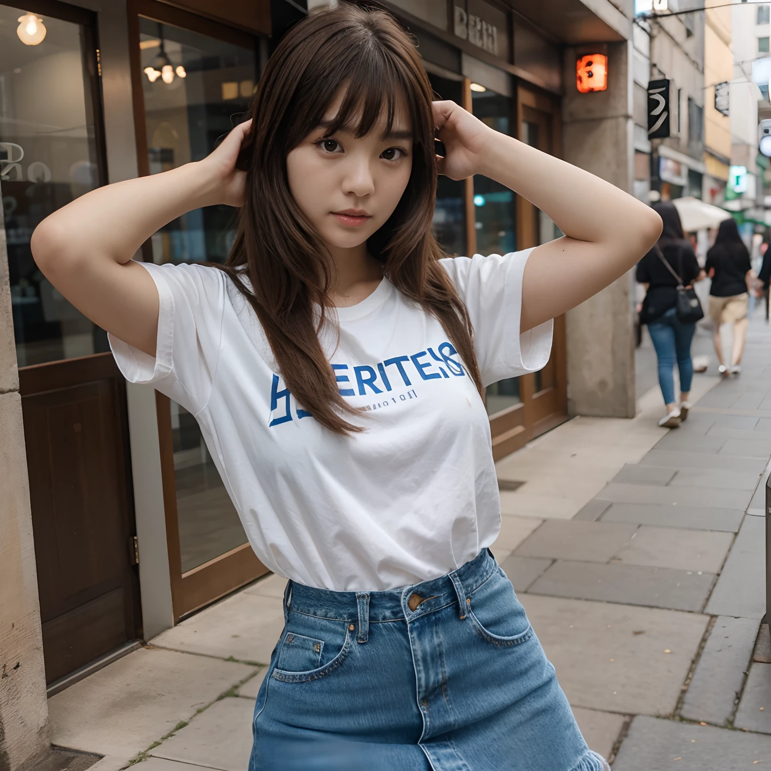 Korean, young woman, brown hair with fringe, taking photo on her phone, denim skirt