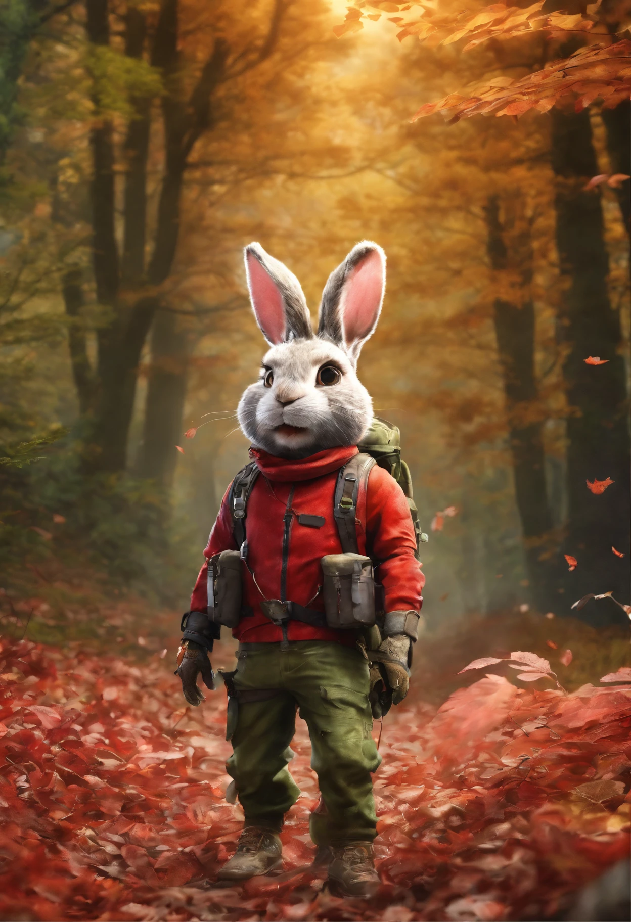 3D rendering of (A rabbit with glasses and a hat stands on the path between the autumn leaves), hairy, Green bright rabbit, （Binoculars hanging from your chest：1.37）, Green fashion adventure clothing,green shorts， Wear red hiking boots on your feet,, cute ears, （Red and green berets：1.34），Red and green camping hats, (Carry a green backpack with you), (trowels), (camping equipment, )Related to many adventurous tools,(compass：1.37),
Curious to explore expressions, Cartoon, 4D, Fox,
Background: Autumn Leaf Forest Trail Red Forest, autumn forest, red illuminating fog, In a red dream, really beautiful forest, Beautiful forest, Beautiful hazy wood, Red shade spray, Breathable and beautiful trees, breath-taking beautiful trees, red fog, beautiful forests and trees, Bright but dark red, red trees,{{Masterpiece}},{{{Best quality}}},{{Ultra-detailed}}, {{{illustration}}},{{Disheveled hair}},concept art of character,Game scene graph,Clear facial features,close up photograph,Photography,postapocalyptic,Masterpiece,archviz/building rendering,Quixel Megascans Render,corona rendered,rendering by octane,v-ray,High detail,hyper qualit,high resolution,trending on artstationh,hyper photorealism,surrealism,HD,8K tilt shift,Long shot,Split Lighting,