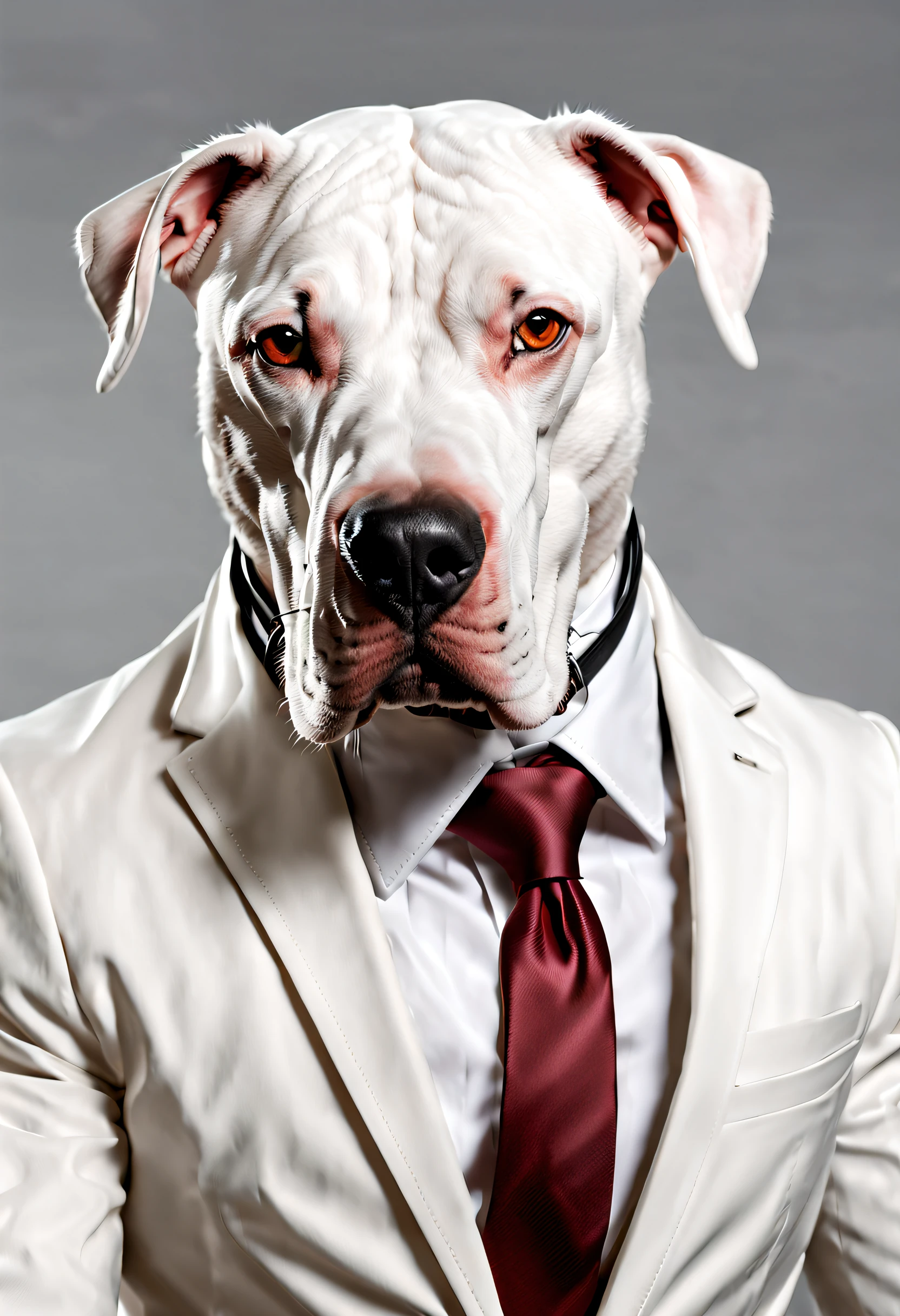 Dogo Argentino wears a suit and tie instead of a collar,  1.Offener Mund, 2. maul aufgerissen,Unreal-Engine, Meisterwerk, Kunstwer, UHD, 4K, 8K, Vorderseite, 1.Offener Mund, 2. maul aufgerissen,
