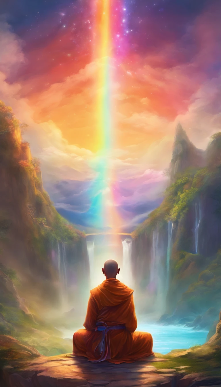 Back view of a monk meditating in front of a rainbow halo, Rainbow-colored style, Art germ, UHD image, gongbi, Visual harmony, Mysterious mechanics, Queen's seat