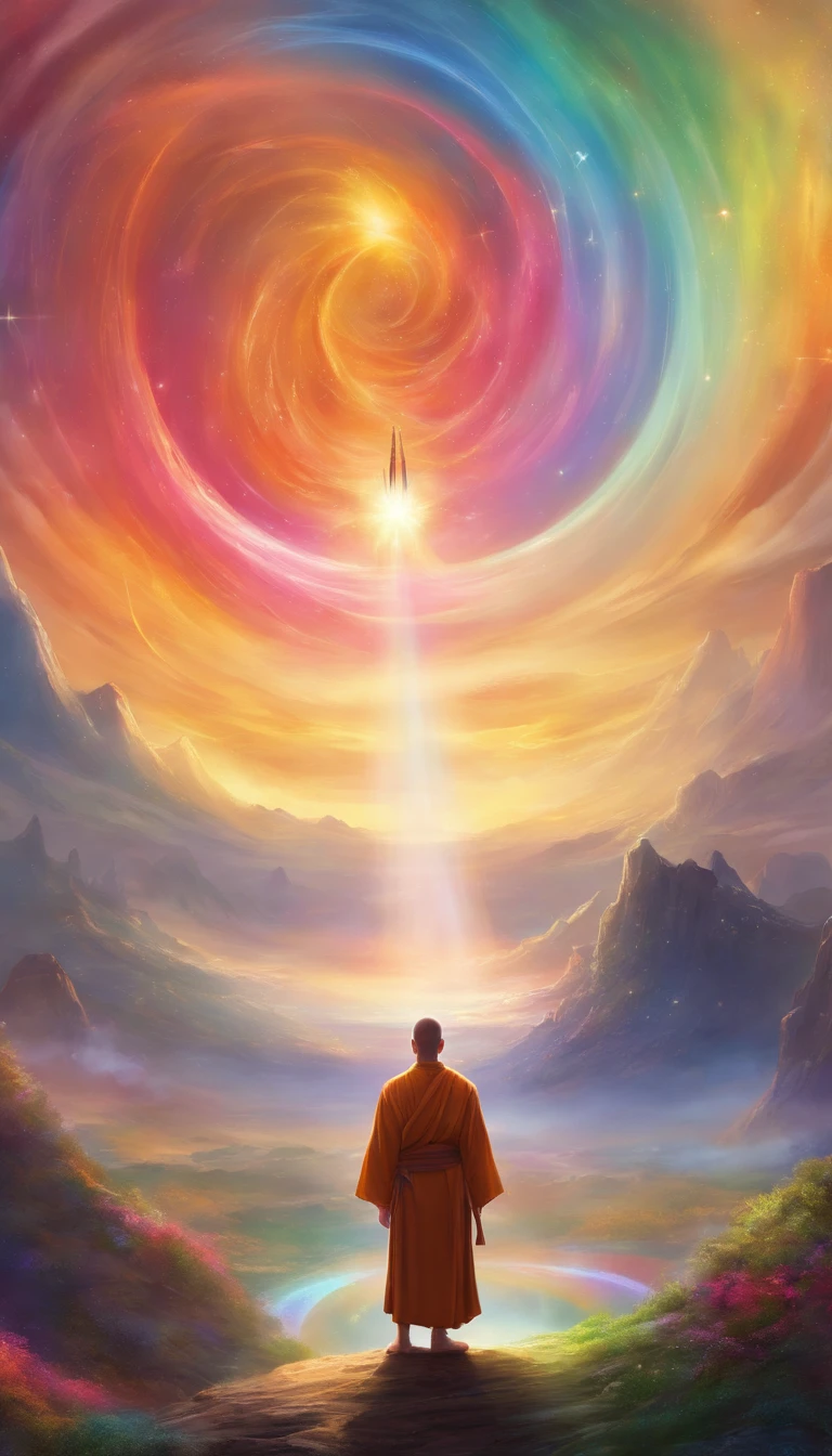 Back view of a monk meditating in front of a rainbow halo, Rainbow-colored style, Art germ, UHD image, gongbi, Visual harmony, Mysterious mechanics, Queen's seat