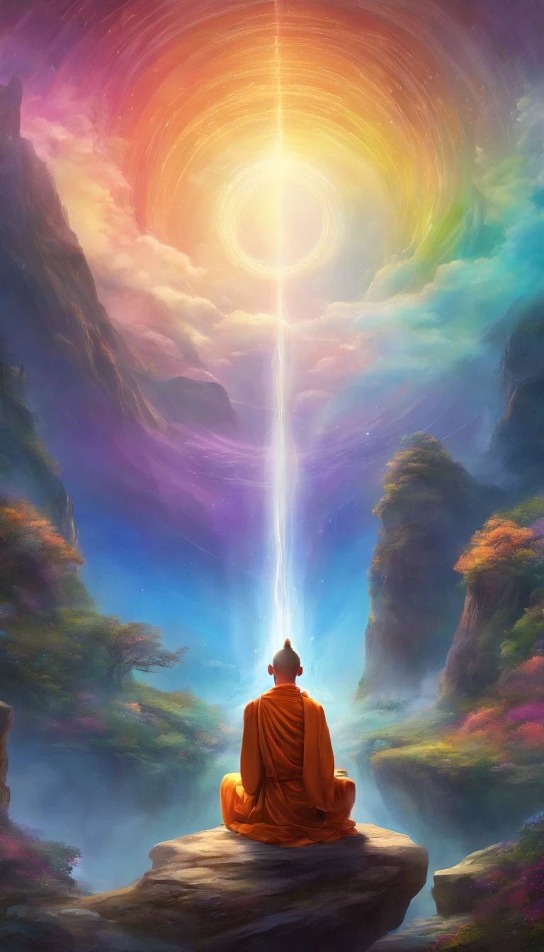 Back view of a monk meditating in front of a rainbow halo, Rainbow-colored style, Art germ, UHD image, gongbi, Visual harmony, Mysterious mechanics, Queen's seat