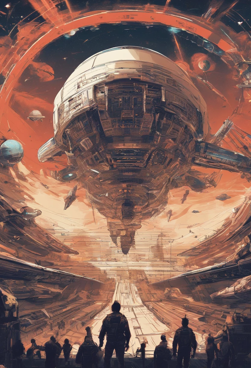 Poster design，The main body is a Chinese spacecraft，Exquisite details，There is high-speed rail in the foreground、aircraft carrier，There are astronauts next to the spacecraft，The background is the starry sky and planets，Use the printmaking style，Exquisite details in 4K