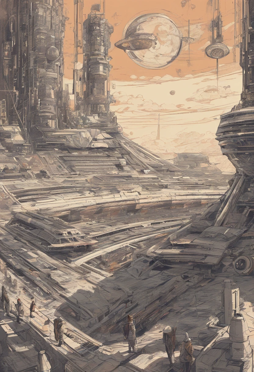 Poster design,The main body is a Chinese spacecraft,Exquisite details,There is high-speed rail in the foreground、aircraft carrier,There are astronauts next to the spacecraft,The background is the starry sky and planets,Use the printmaking style,Exquisite details in 4K
