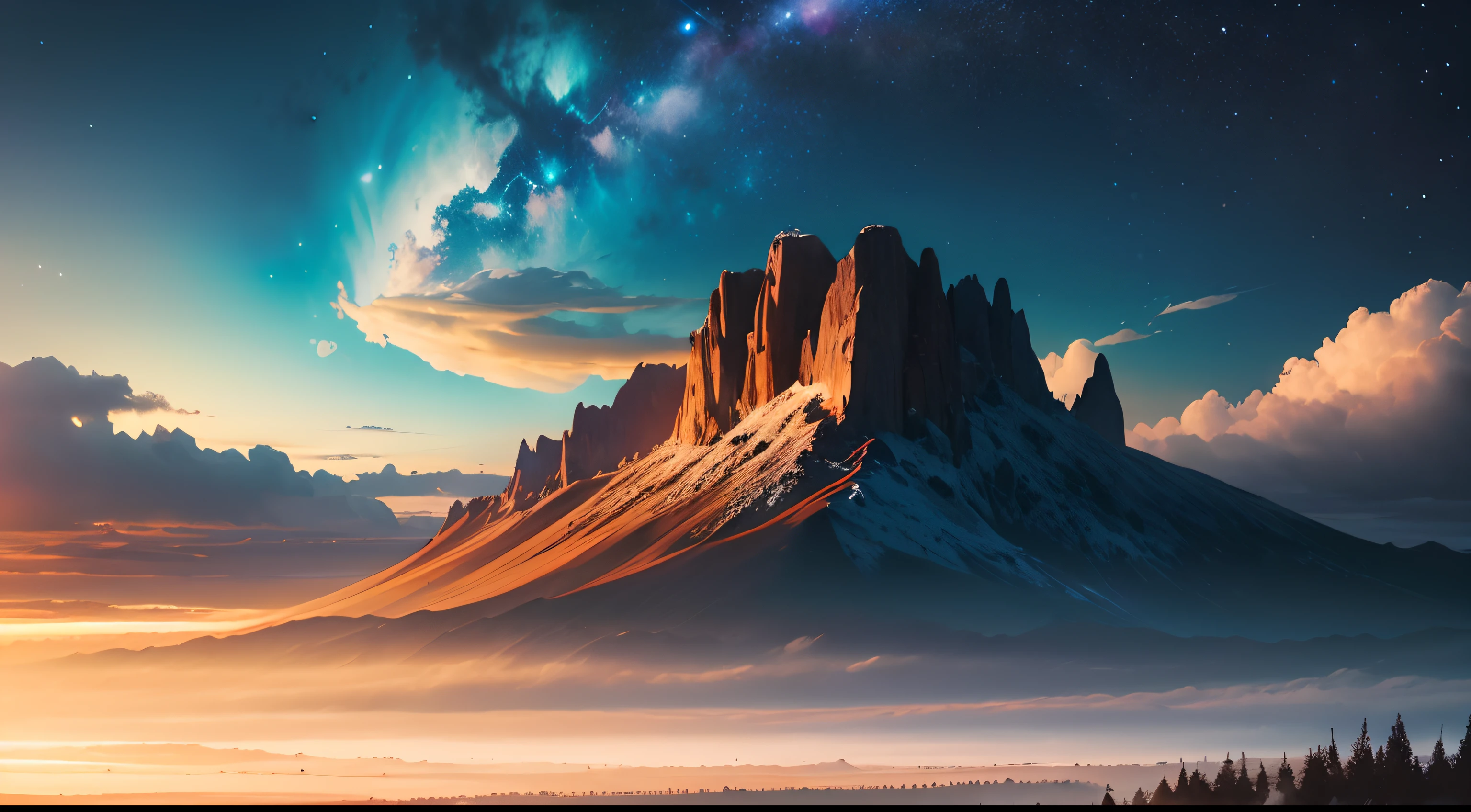 (best quality,4k,8k,highres,masterpiece:1.2),ultra-detailed,(realistic,photorealistic,photo-realistic:1.37),landscape,mountains,noon,sky,stars,shooting star,trees,colorful,surrealistic lighting,serene atmosphere,ethereal,peaceful,grandeur,tranquil,rolling hills,expansive views,majestic peaks,lush greenery,deep blue skies,breathtaking scenery,airy clouds,dreamy,immersive,calm,harmony,sublime,vivid colors,sparkling stars,luminous moonlight,spectacular sunset,magical twilight,misty morning,dim rays of sunlight,shimmering celestial objects,glowing constellations,whispering winds,majestic hights,endless horizon,serene stillness,undulating landscape,natural wonders,tranquil beauty,quiet solitude,awe-inspiring panorama,heavenly scenery,splendid vistas,soaring mountains,breathtaking beauty,natural majesty,perennial trees,billowing clouds,celestial haven,mystical aura,unspoiled nature.