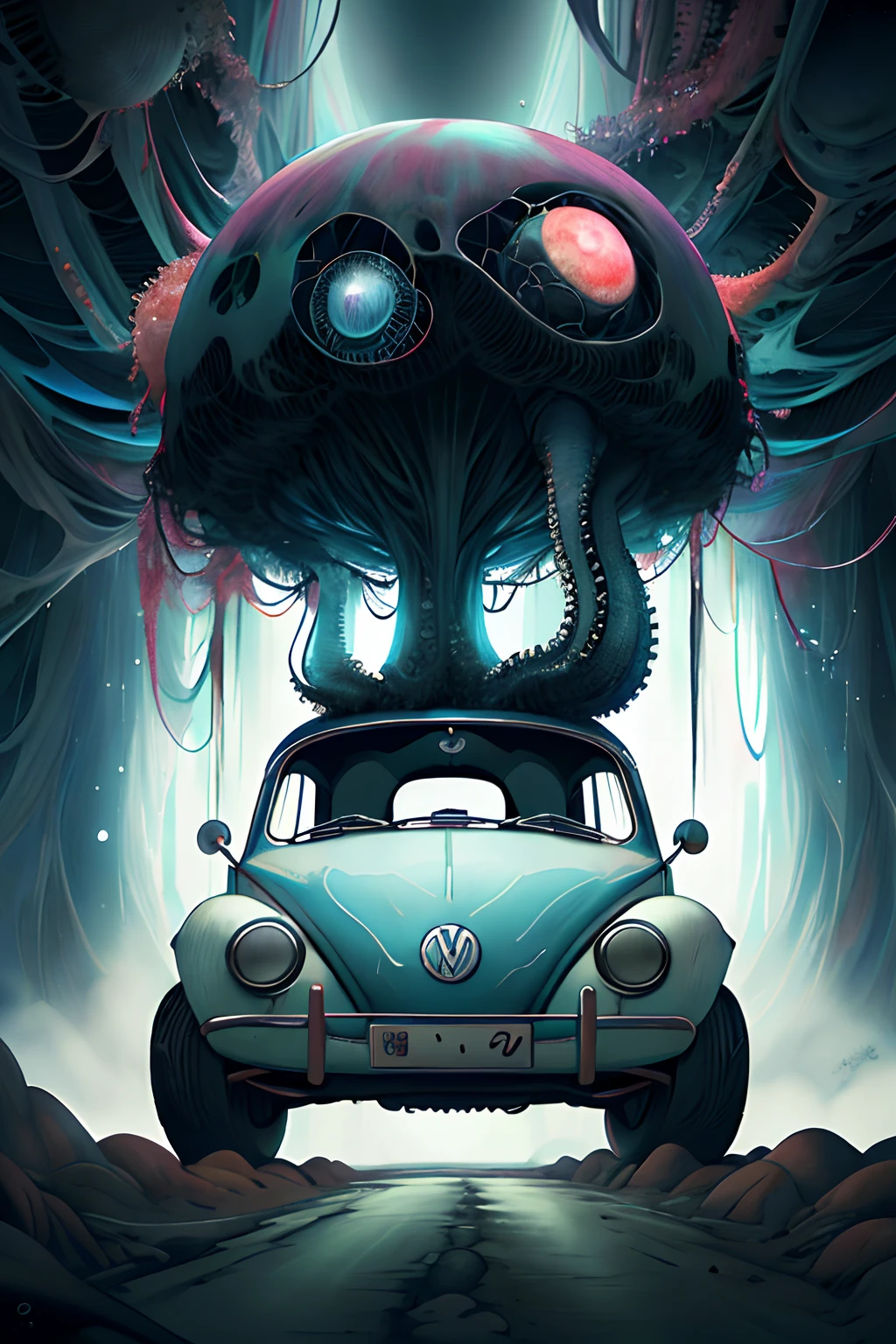 Volkswagen Fusca futurista preto em uma rodovia interdimensional. Cosmic horror setting with Lovecraftian monsters nearby, arte conceitual, fotografia de retrato, fantasia sombria, fotografia, cinemactic,