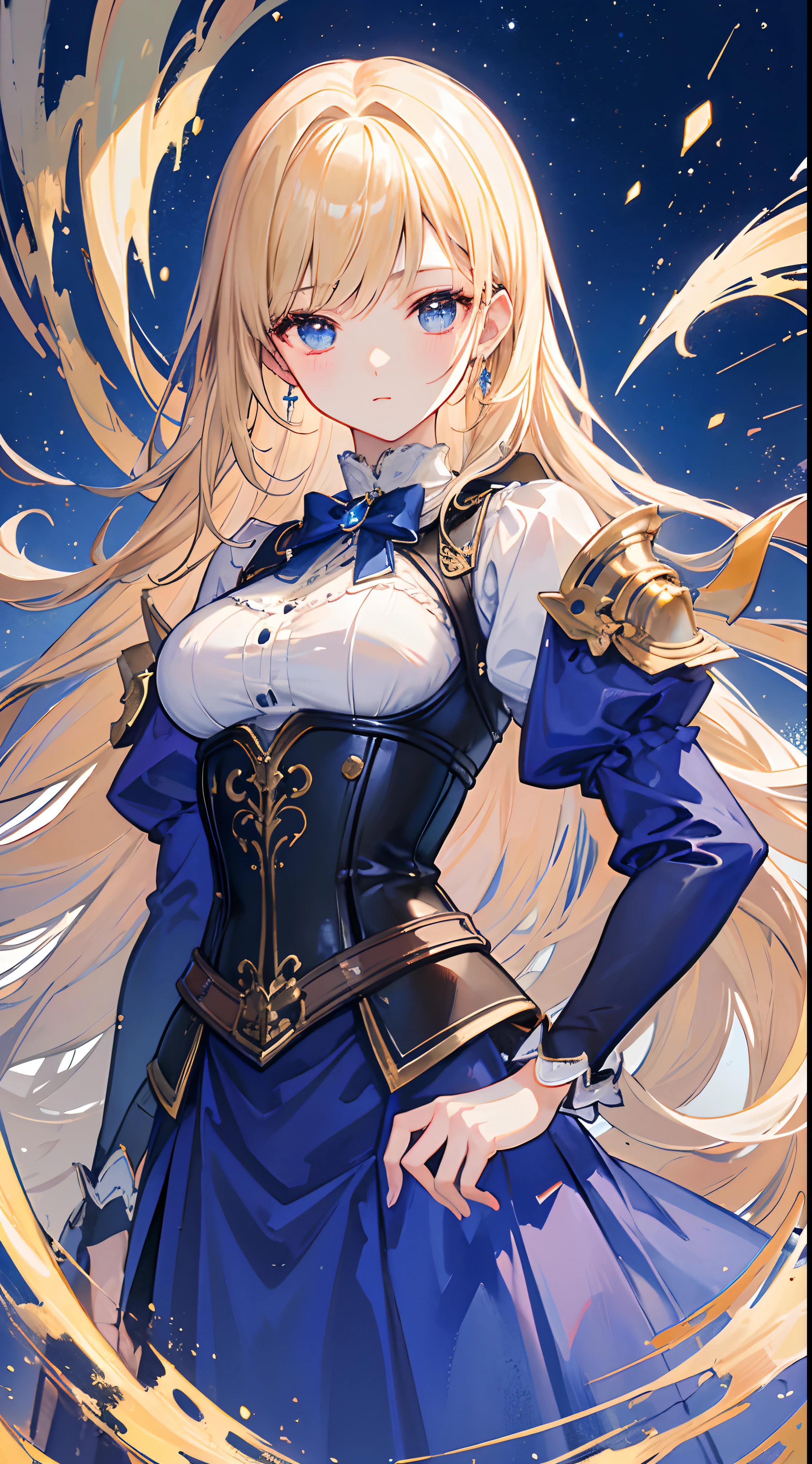 (((masterpiece)))、((top-quality))、(The ultra-detailliert)、(CG Illustration)、(a very beautiful woman))、Cinematic Light、((1 Mechanical Girl))、 (Beautiful and indulgent)()、Facing the front,a blond,Corset Belt,blue high waist skirt,Upper body portrait