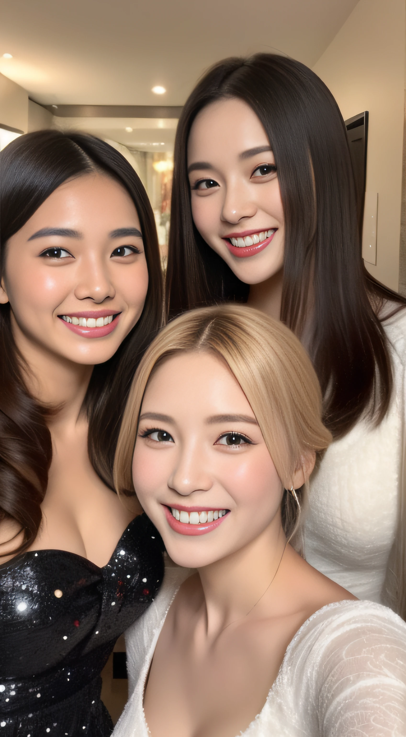 The face is a hostess、Beauty 3 people、Fancy dresses、hiquality、A hyper-realistic、healthy、Smiling expression、Slender perfect figure、Japan beauties、beautidful eyes、face perfect、Beautiful skin、Christmas Party