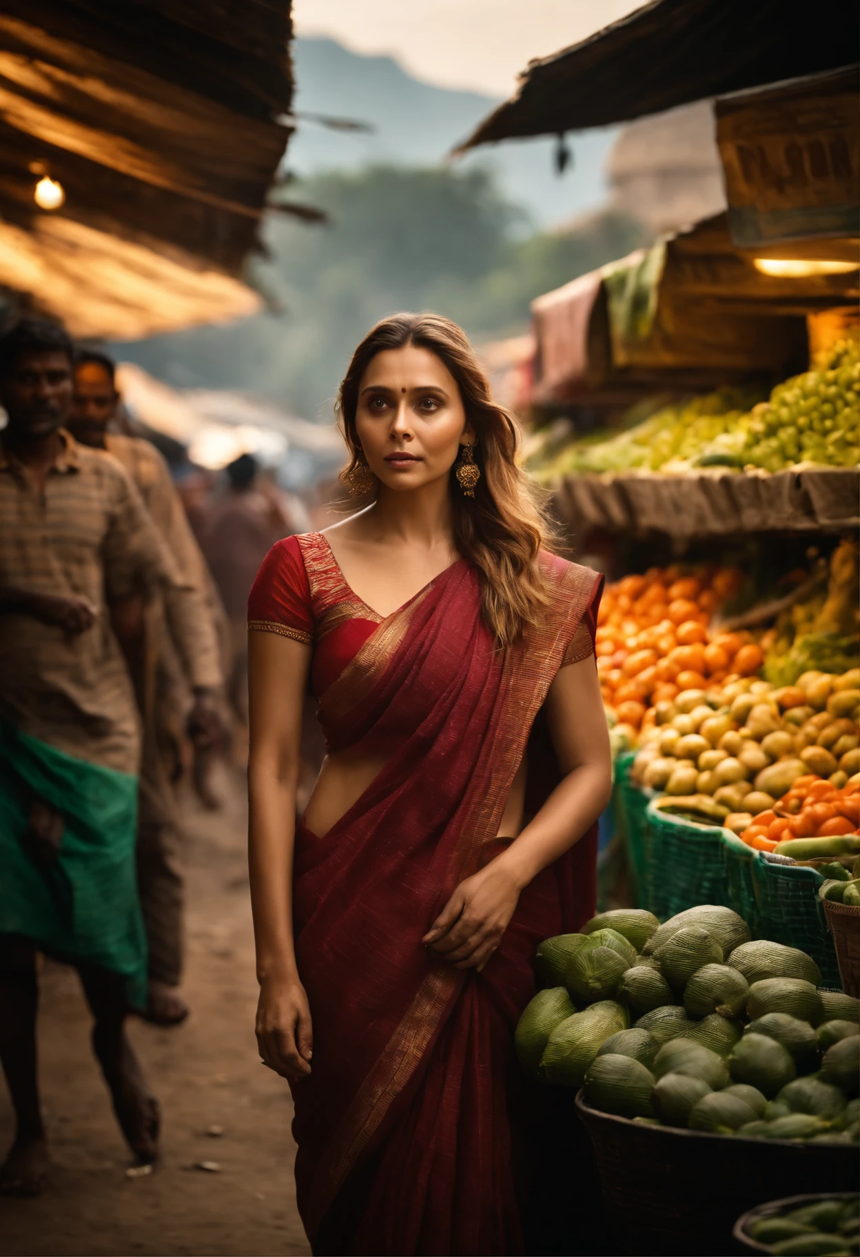 Masterpiece, highres, 8k,Elizabeth Olsen in simple Indian saree,in local market, buying vegetables, cinematic light, ultra skin texture.