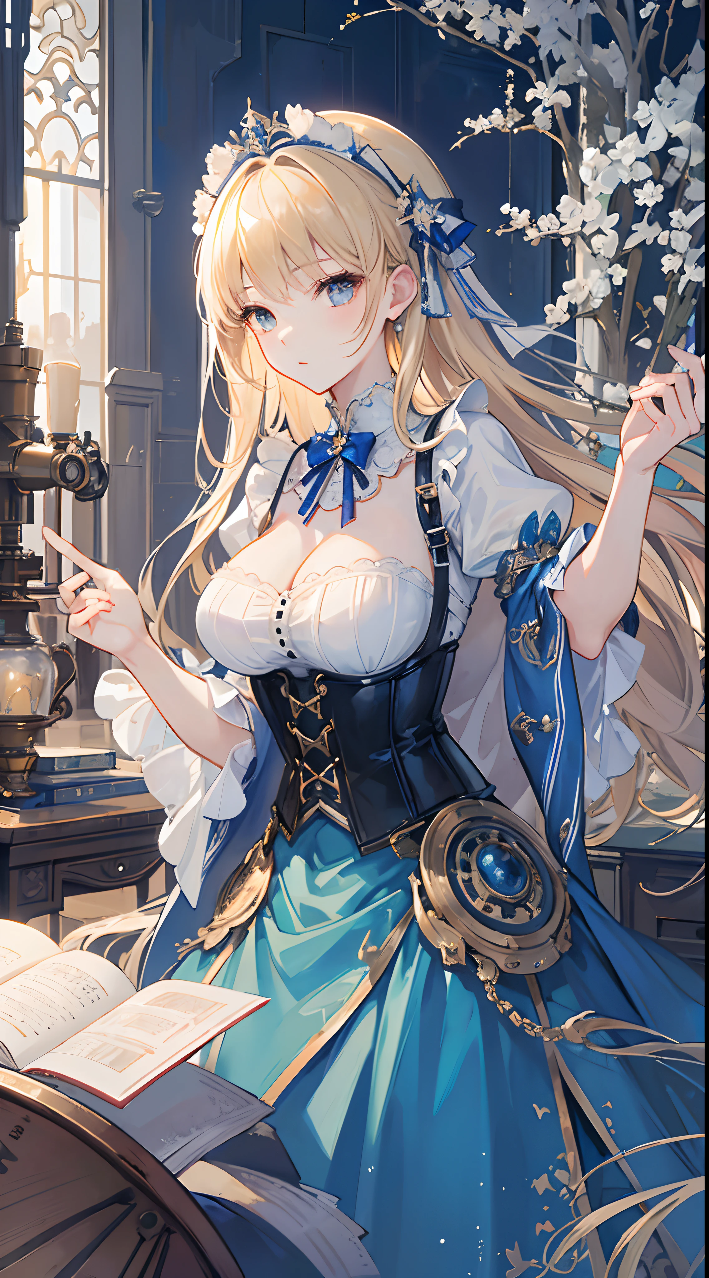 (((masterpiece)))、((top-quality))、(The ultra-detailliert)、(CG Illustration)、(a very beautiful woman))、Cinematic Light、((1 Mechanical Girl))、 (Beautiful and indulgent)()、Facing the front,a blond,Corset Belt,blue high waist skirt,Upper body portrait