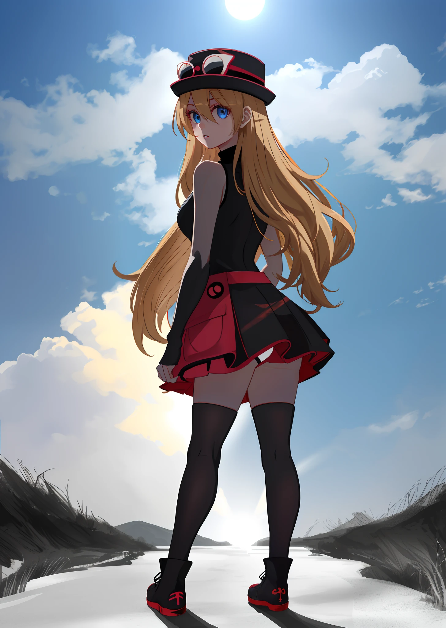 [Serena_(Pokemon)], [Uploaded to rule34.xxx; (kingmaster), (shosho_oekaki), (nekololisama)], ((masterpiece)), ((HD)), ((detailed shading)), ((1girl)), ((solo portrait)), ((full body)), ((back view)), ((cute anime girl)), {(long dirty blonde hair), (cute blue eyes), (gorgeous hips), (beautiful legs), (beautiful lips), (expressionless)}, {(black turtleneck sweater), (sleeveless), (short red skirt), (black opaque thigh-high socks), (black opaque), fingerless sleeves), (black converse sneakers), (pink hat on head), (sunglasses on hat), (upskirt white panties)}, {(standing), (arms at side), (looking back)}, [background; (grass plains), (blue cloudy sky), (sun rays)]