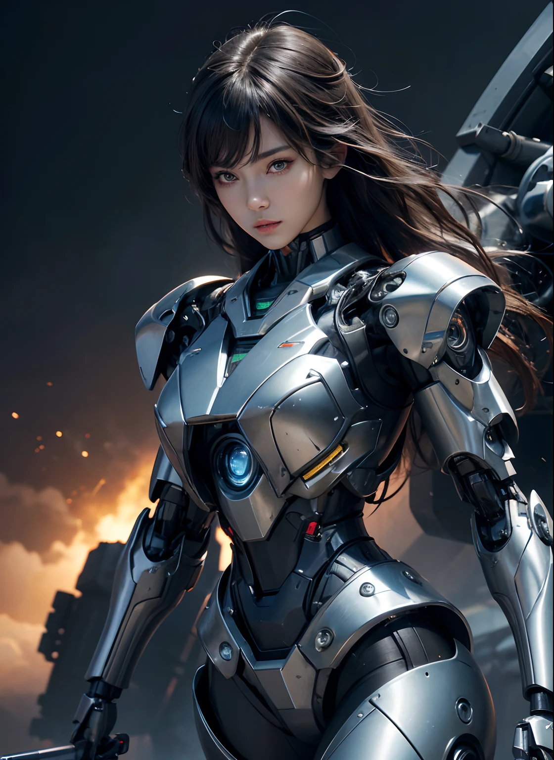 Textured skin, Super Detail, high details, High quality, Best Quality, hight resolution, 1080p, hard disk, Beautiful,(cyborgs),2 females,beautiful cyborg woman,Mecha Cyborg Girl,Battle Mode,Girl with a Mecha Body,She wears a battle cyborg mech with a weapon,Fulll body Shot