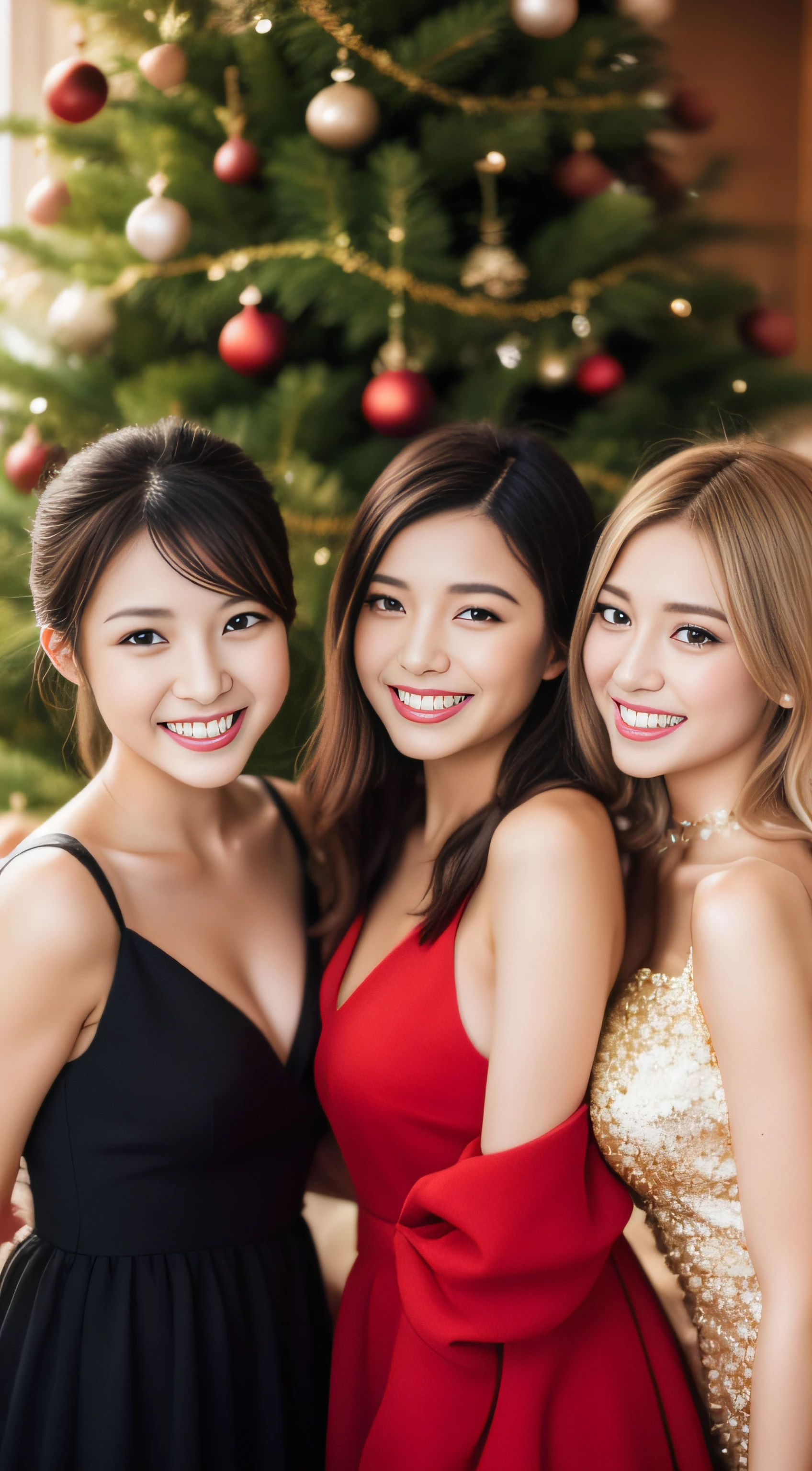 The face is a hostess、Beauty 3 people、an lingerie、hiquality、A hyper-realistic、healthy、Smiling expression、Slender perfect figure、Japan beauties、beautidful eyes、face perfect、Beautiful skin、Christmas Party
