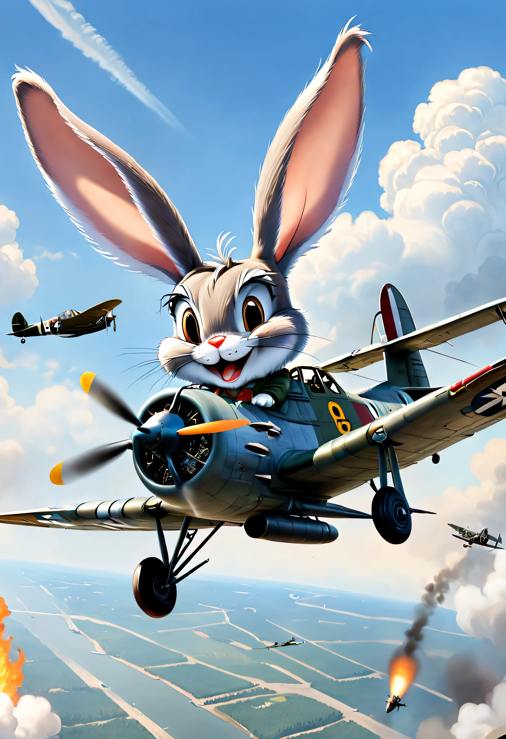 Bugs Bunny flies a World War II plane